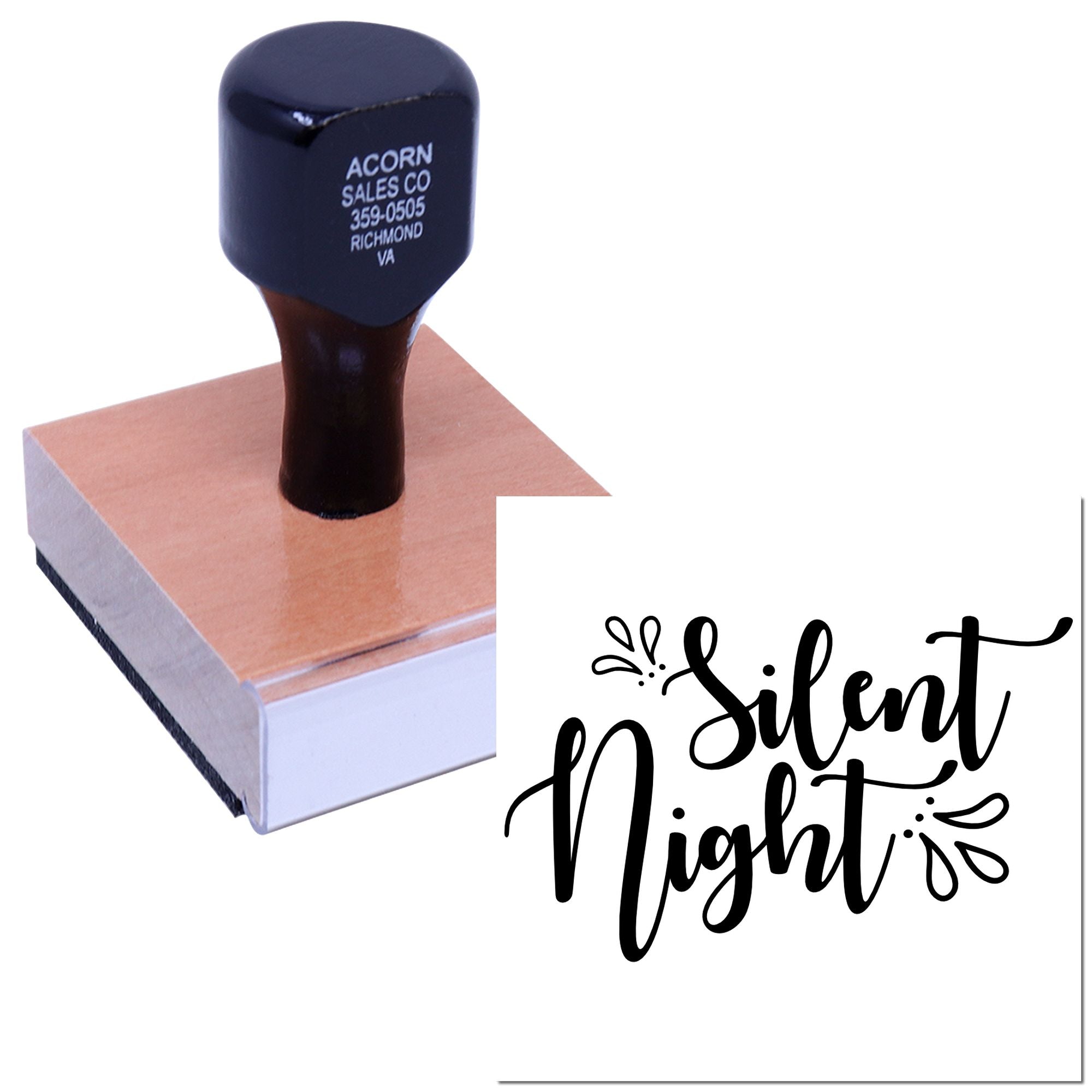 Silent Night rubber stamp with wooden block handle, ideal for holiday cards, invitations and Christmas crafts.