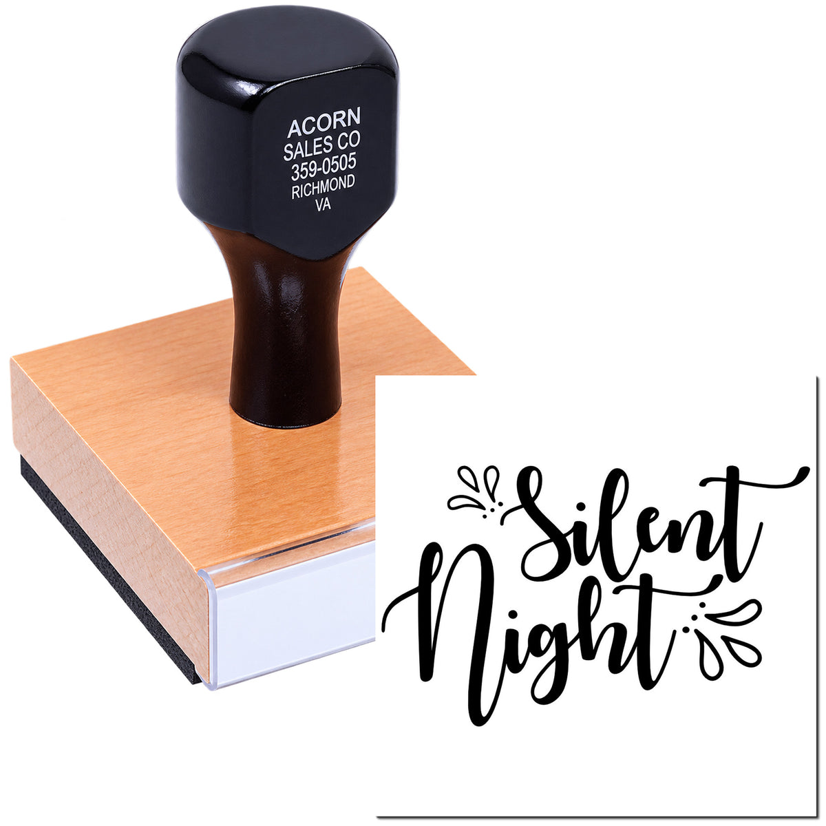 Silent Night rubber stamp with wooden block handle, ideal for holiday cards, invitations and Christmas crafts.
