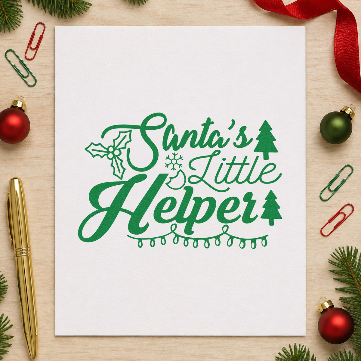 Santa's Little Helper Lights craft stamp imprint in green ink on a handmade project, one idea being seasonal staff tags.