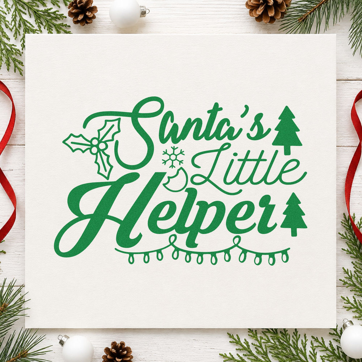 Santa's Little Helper Lights craft stamp imprint in green ink on a handmade project, one idea being shift schedule cards.