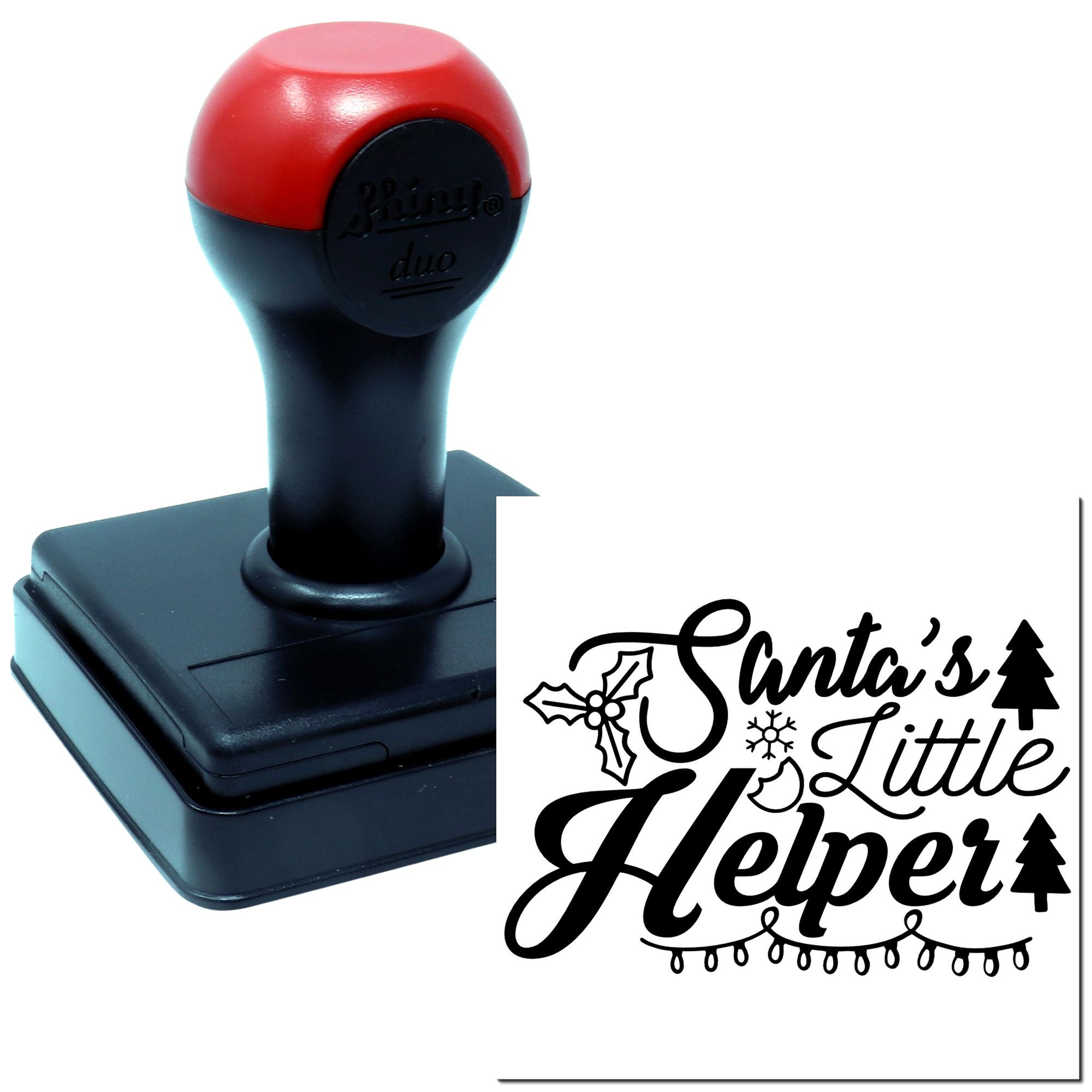 Custom self-inking rubber stamp featuring Santas Little Helper holiday design for Christmas cards, tags and crafts.