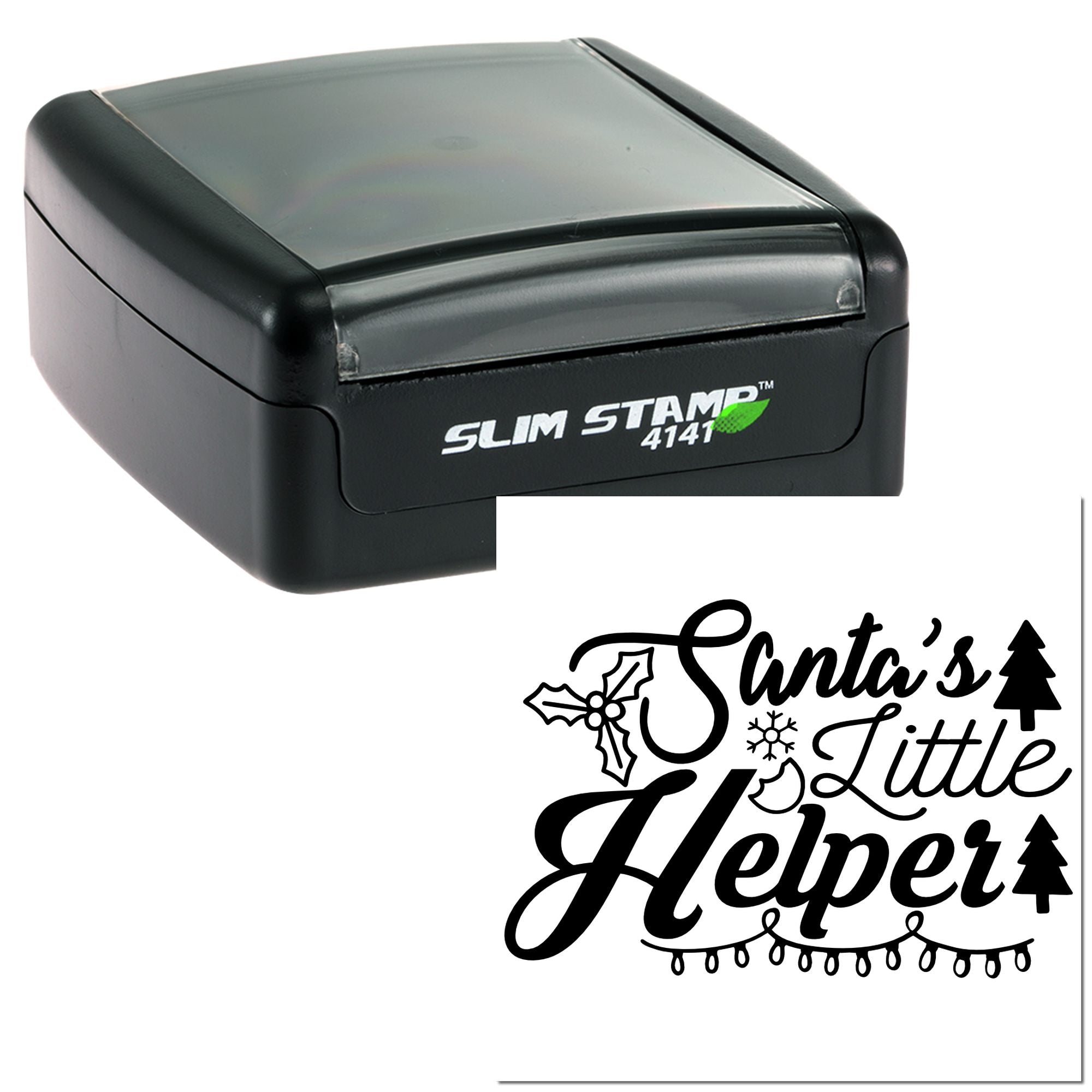 Slim self-inking rubber stamp with custom Christmas design reading Santas Little Helper for holiday crafting.