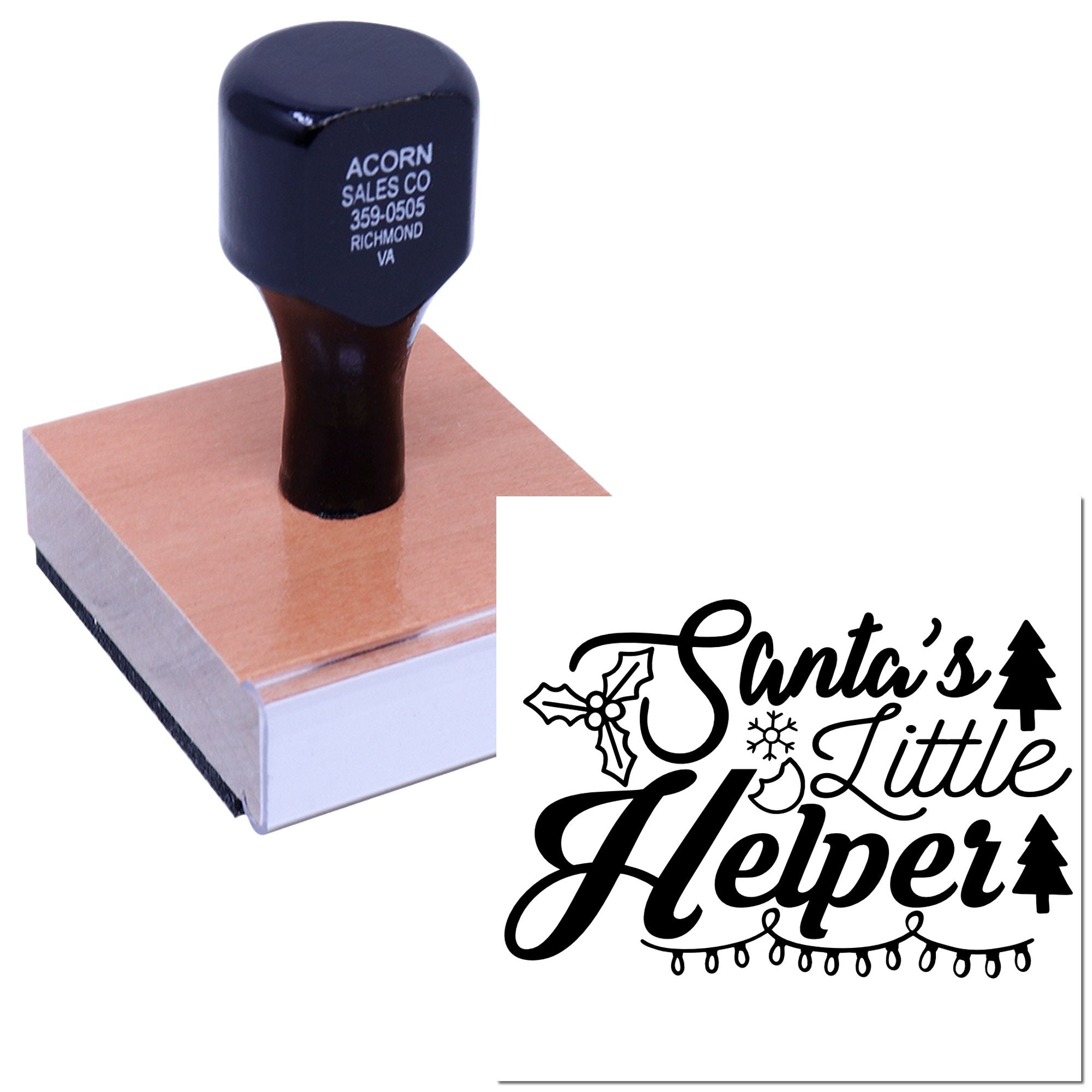 Custom Santas Little Helper rubber stamp on wooden block for holiday cards, gift tags, and Christmas packaging.