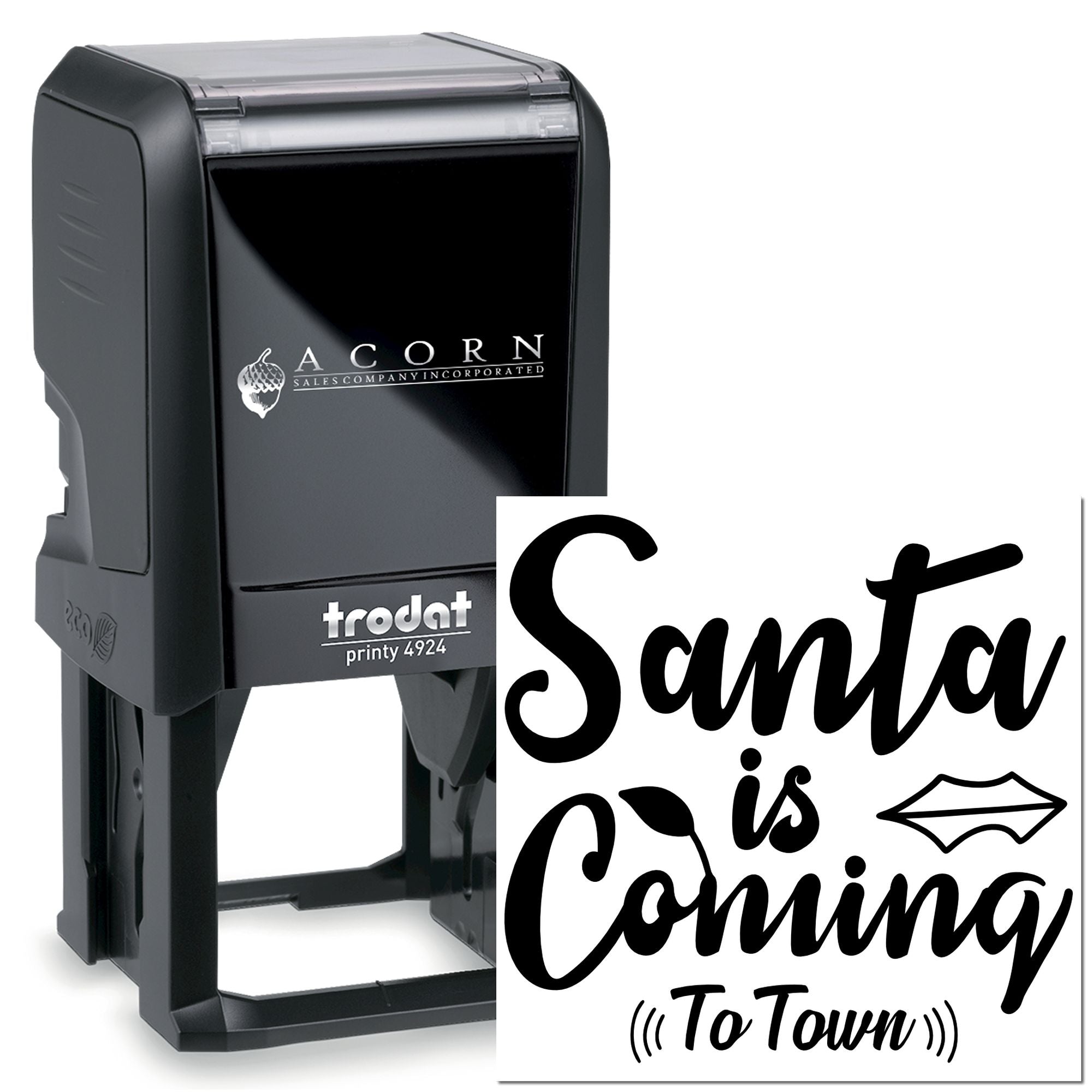 Custom self-inking rubber stamp with Santa is Coming to Town design, ideal for holiday cards, scrapbooking, and festive packaging.