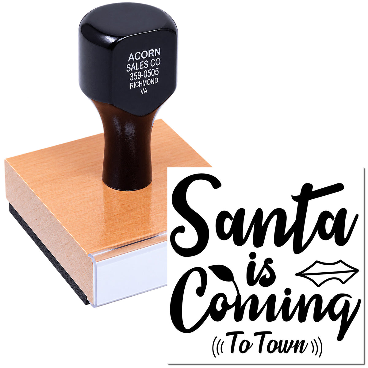 Custom Santa is Coming to Town rubber stamp with festive holiday calligraphy for cards, crafts, and seasonal packaging.