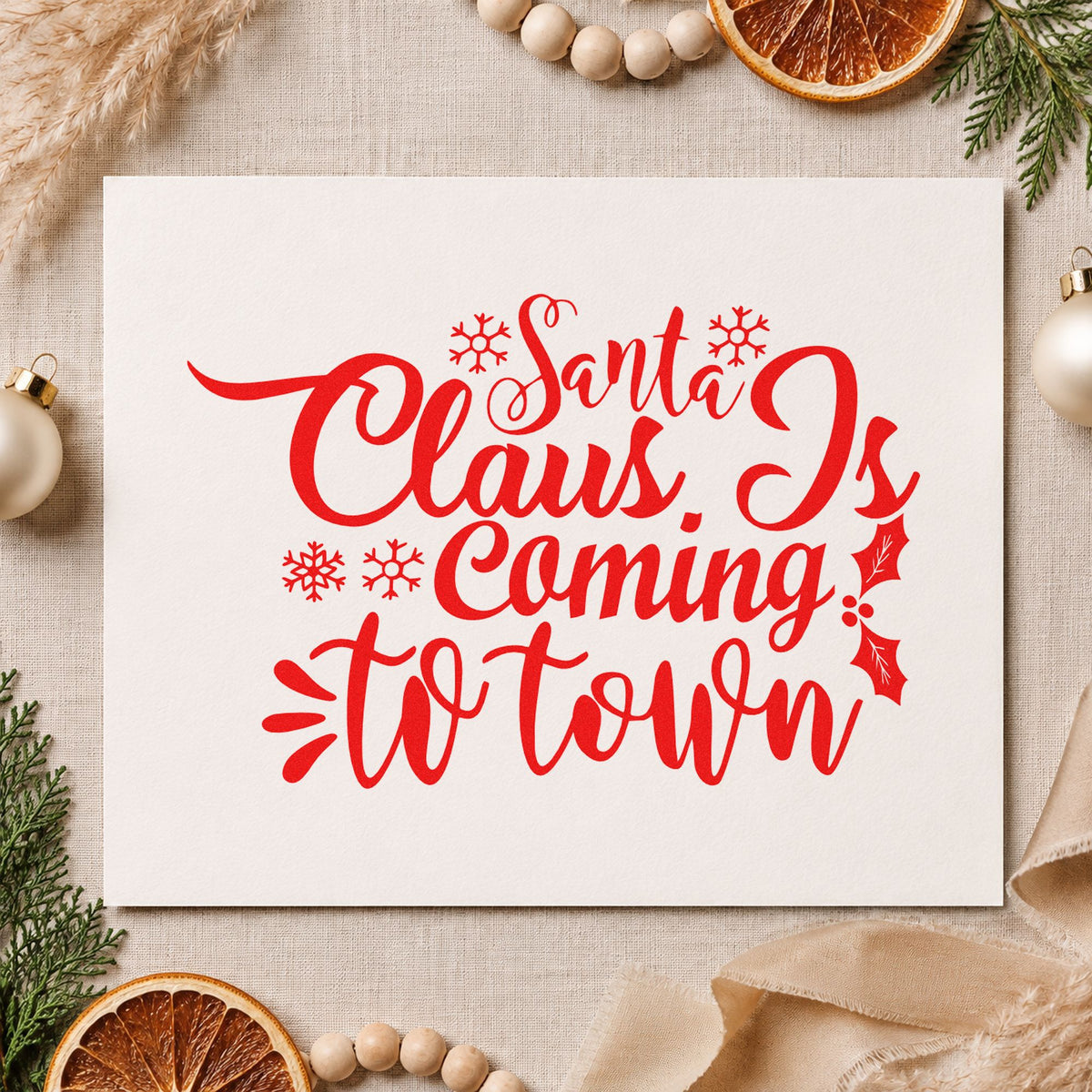 Santa Claus Coming To Town craft stamp in red ink on cardstock, an easy option for float skirt printing.