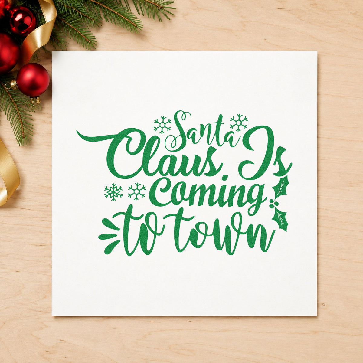 Santa Claus Coming To Town craft stamp imprinted in green ink on paper, a design suited to framed town hall.