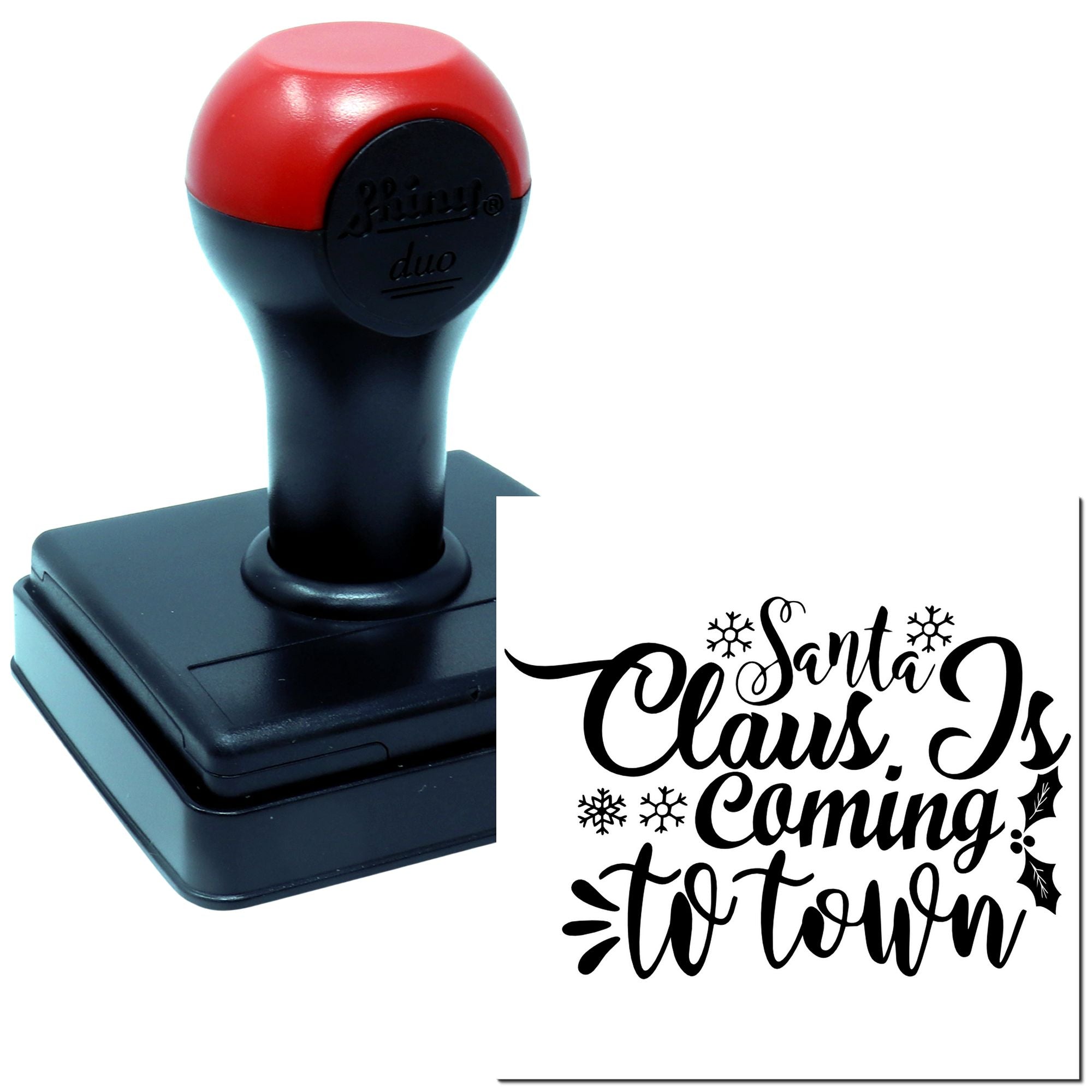 Santa Claus is Coming to Town rubber stamp with self-inking handle for holiday cards, crafts, and Christmas projects.