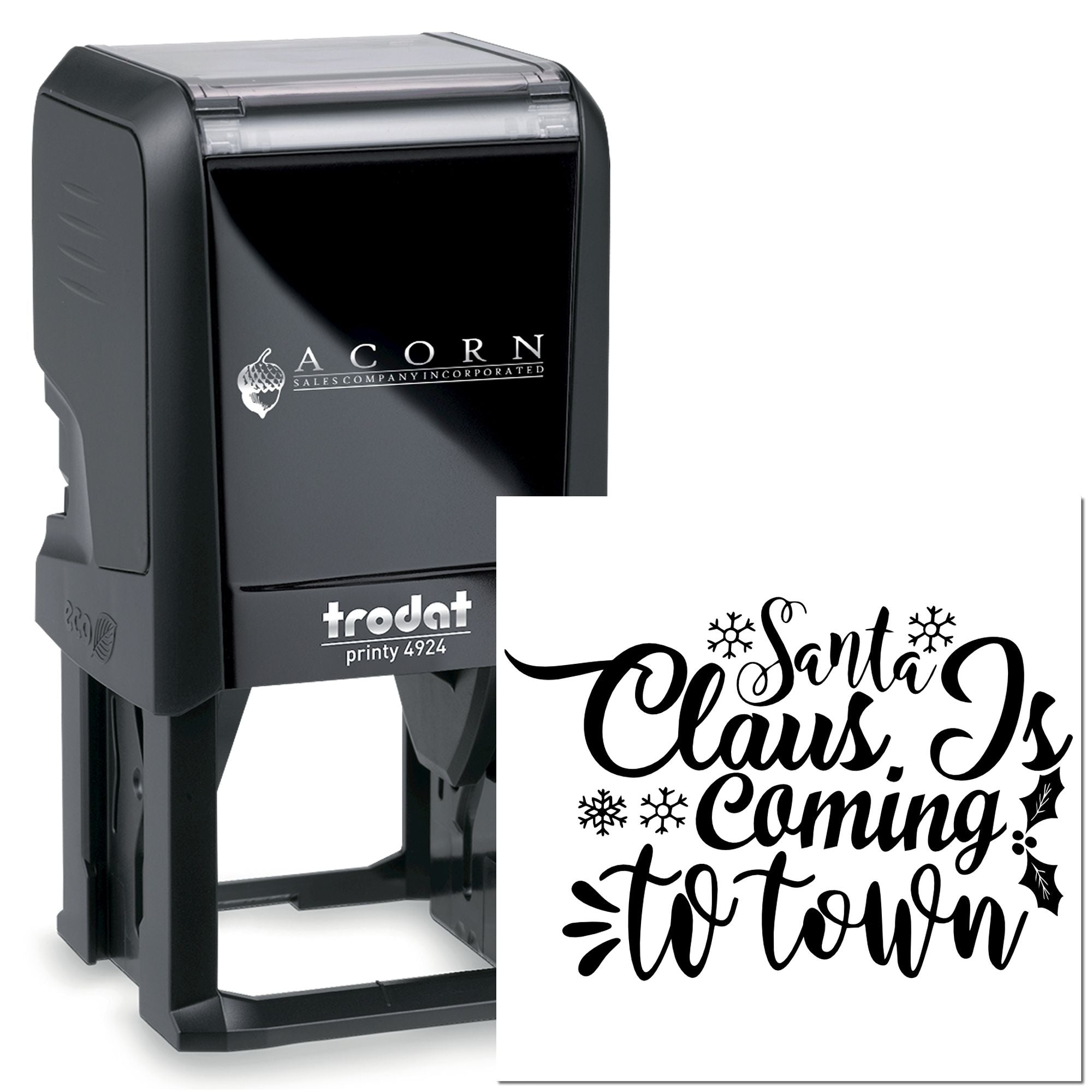 Custom self-inking rubber stamp with Santa Claus is Coming to Town holiday design for cards, labels, and packaging.