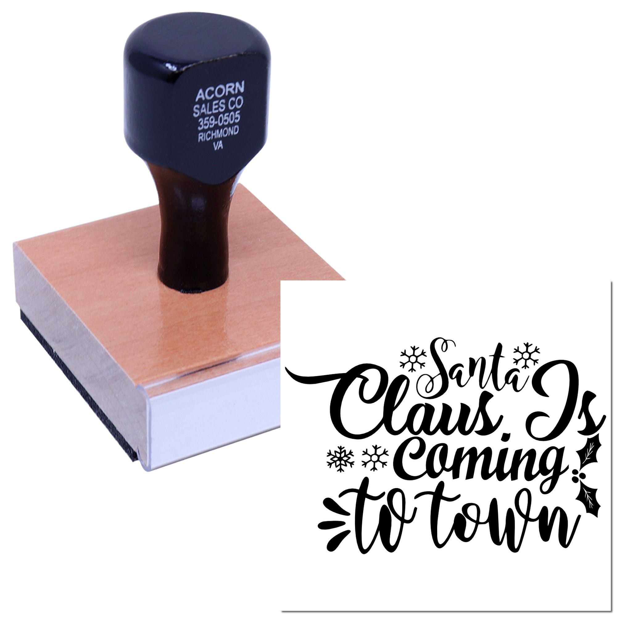 Custom rubber stamp featuring Santa Claus Is Coming to Town design for Christmas cards, holiday crafts, and gift packaging.