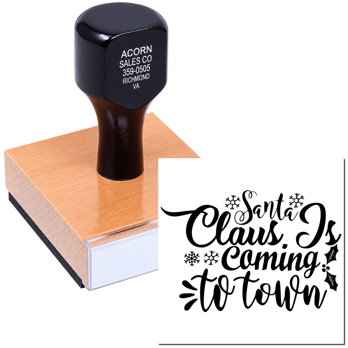 Custom rubber stamp featuring Santa Claus Is Coming to Town design for Christmas cards, holiday crafts, and gift packaging.