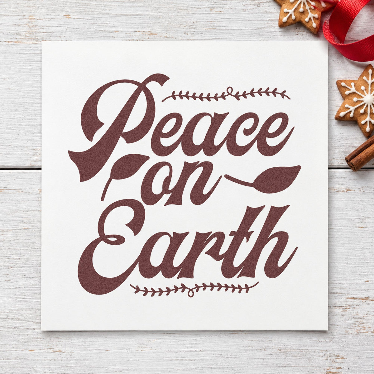 Peace On Earth Leaf Borders rubber stamp printed in brown ink, ready for margin rule sheet and similar paper crafts.