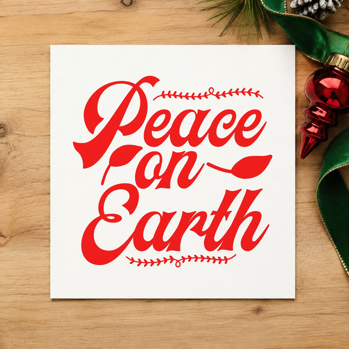 Peace On Earth Leaf Borders rubber stamp shown in red ink, stamped for projects such as bottle side labels.