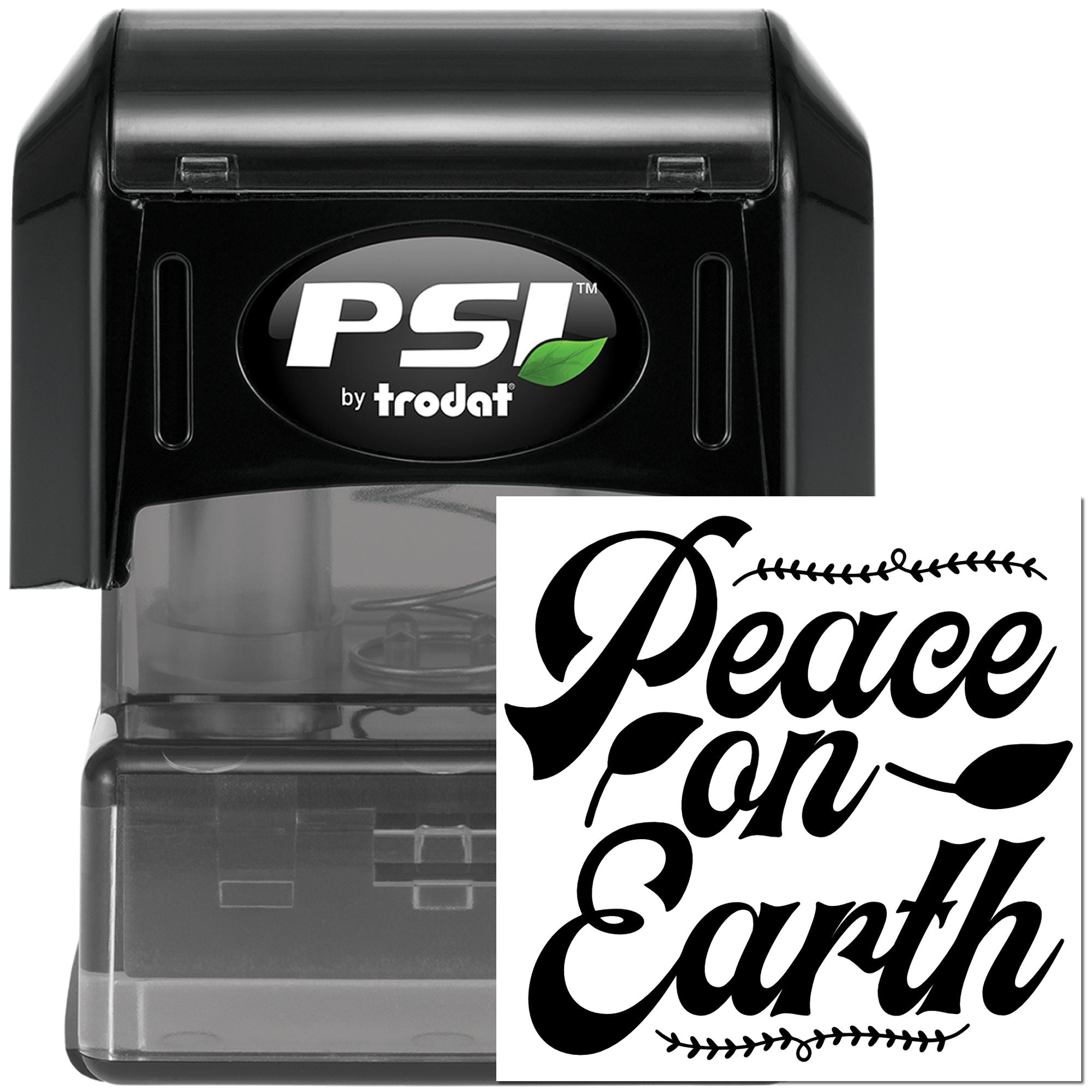 PSI by Trodat self-inking rubber stamp with custom Peace on Earth design for holiday cards, packaging, and craft use.