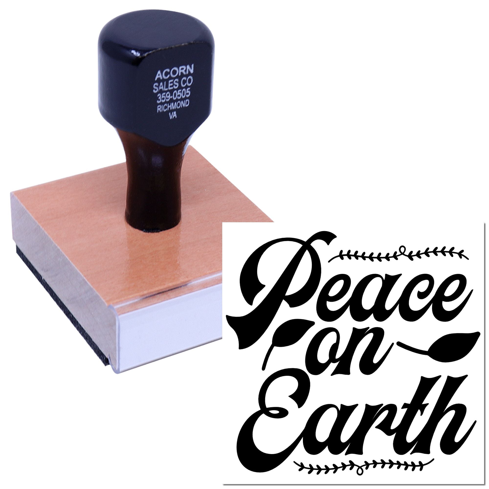 Custom rubber stamp with Peace on Earth design for holiday cards, gift tags, and eco-friendly packaging.