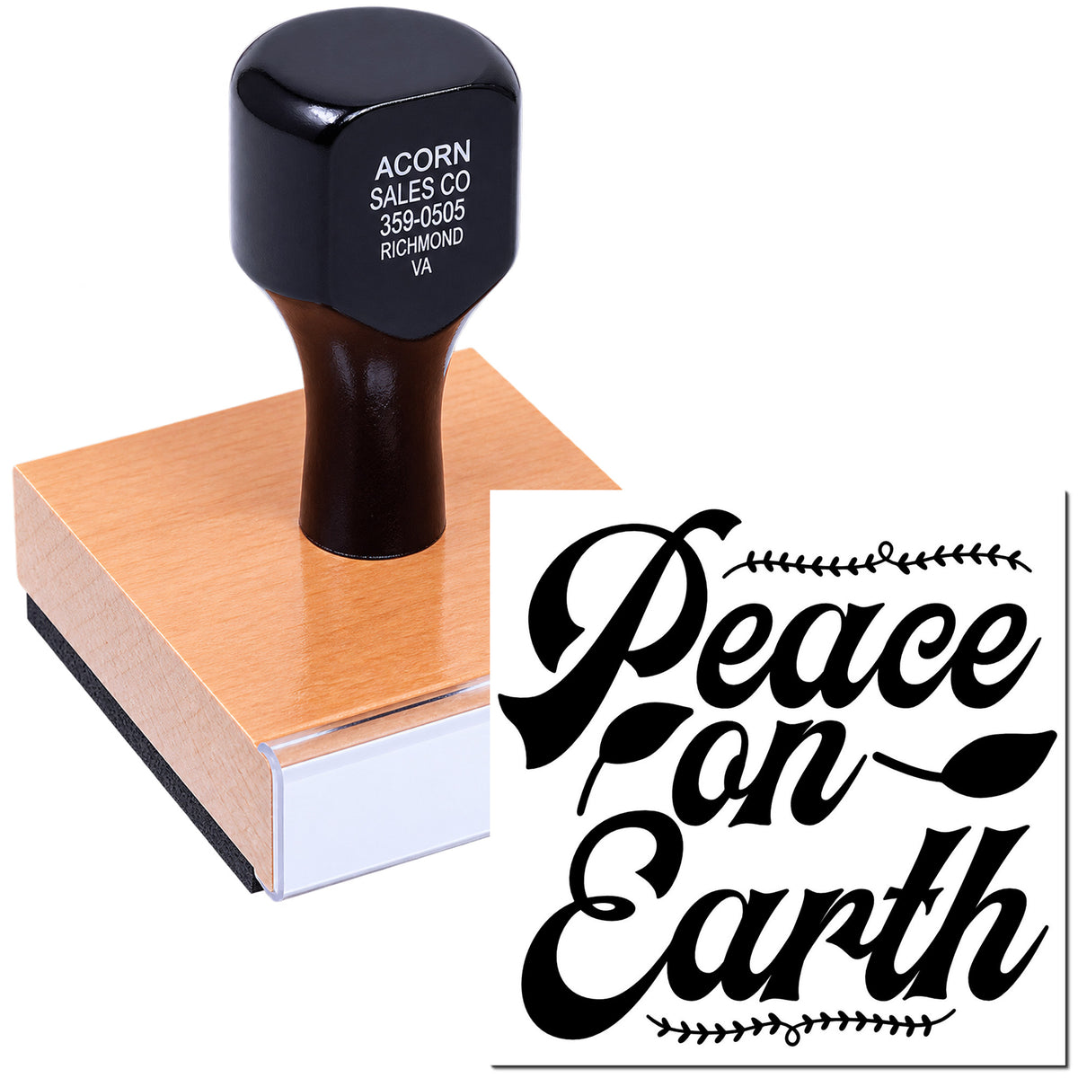 Custom rubber stamp with Peace on Earth design for holiday cards, gift tags, and eco-friendly packaging.