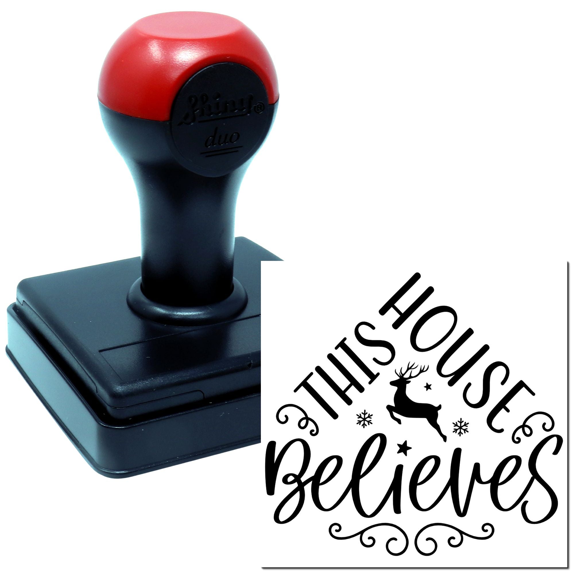 Self-inking rubber stamp with This House Believes holiday deer design