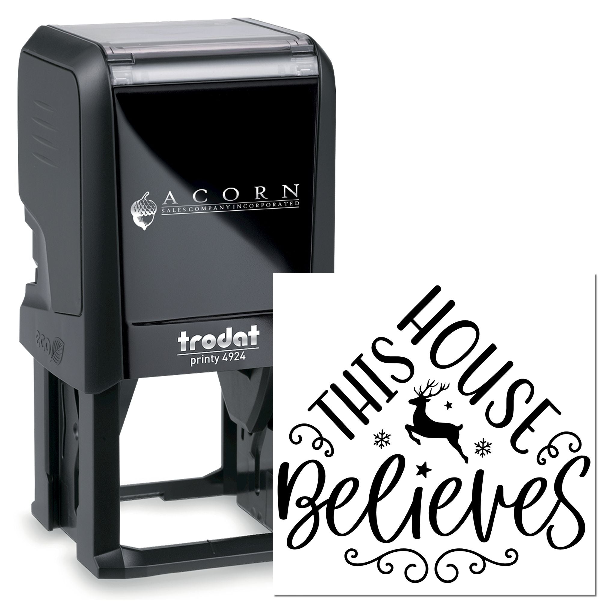 Self-inking rubber stamp with custom This House Believes holiday design for Christmas cards and seasonal crafts.
