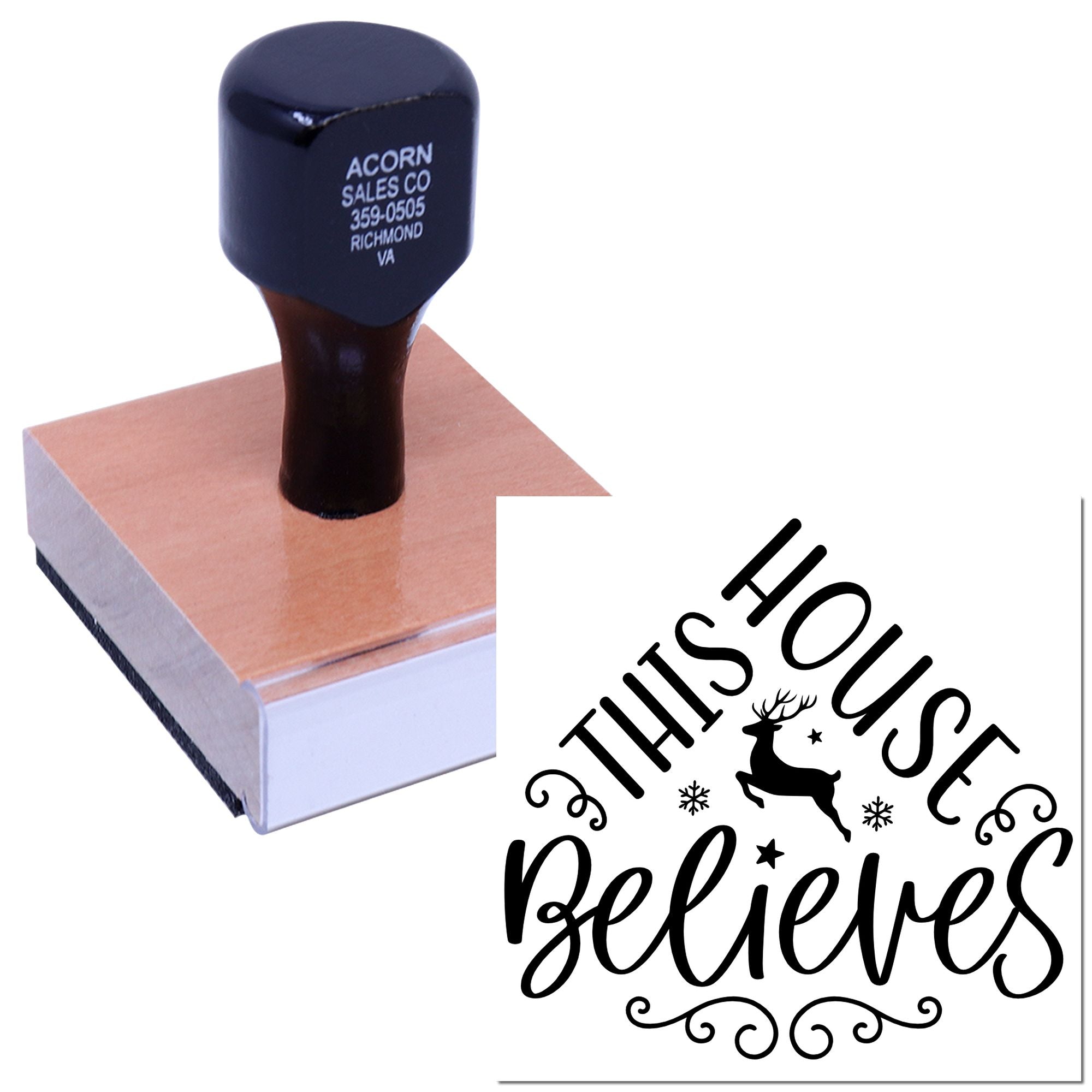 Custom rubber stamp with This House Believes deer design, shown on wooden block with printed impression.