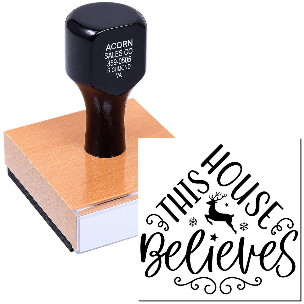 Custom rubber stamp with This House Believes deer design, shown on wooden block with printed impression.
