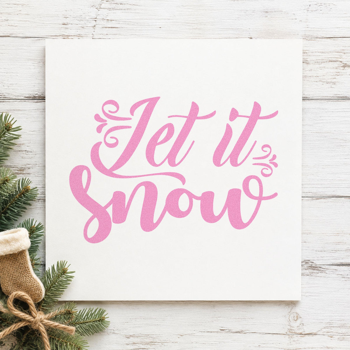 Let It Snow Decorative Script craft stamp in purple ink on cardstock, an easy option for matched album page.