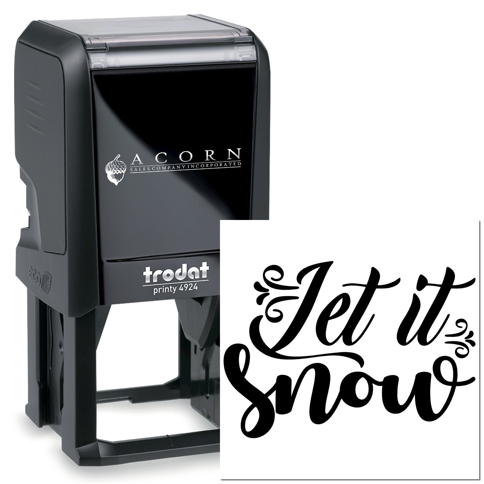 Trodat Printy 4924 self-inking rubber stamp with custom Let It Snow design for holiday crafts and business use