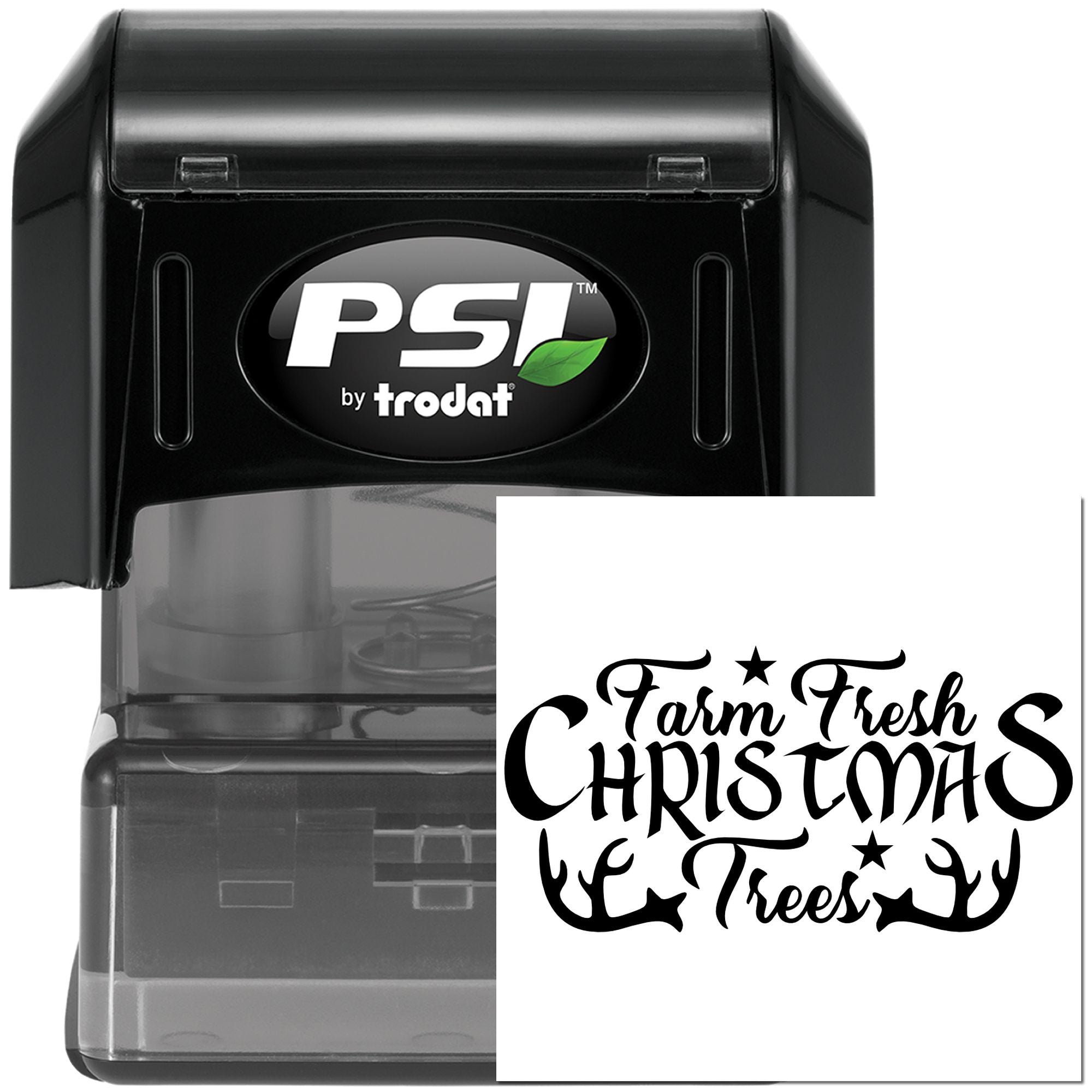 PSI by Trodat self-inking rubber stamp with Farm Fresh Christmas Trees design for holiday packaging and farm branding
