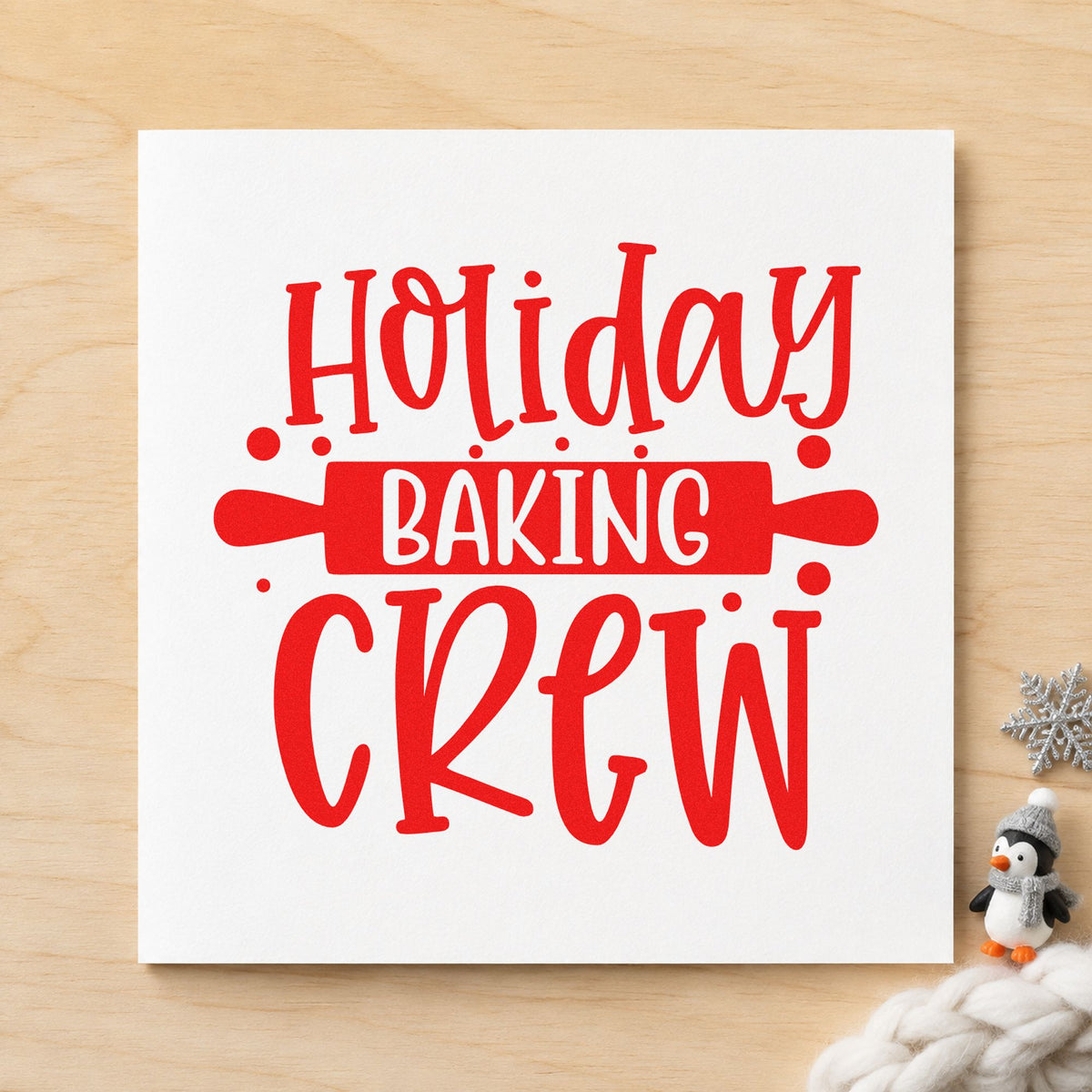 Holiday Baking Crew Rolling Pin rubber stamp shown in red ink, stamped for projects such as station tray labels.