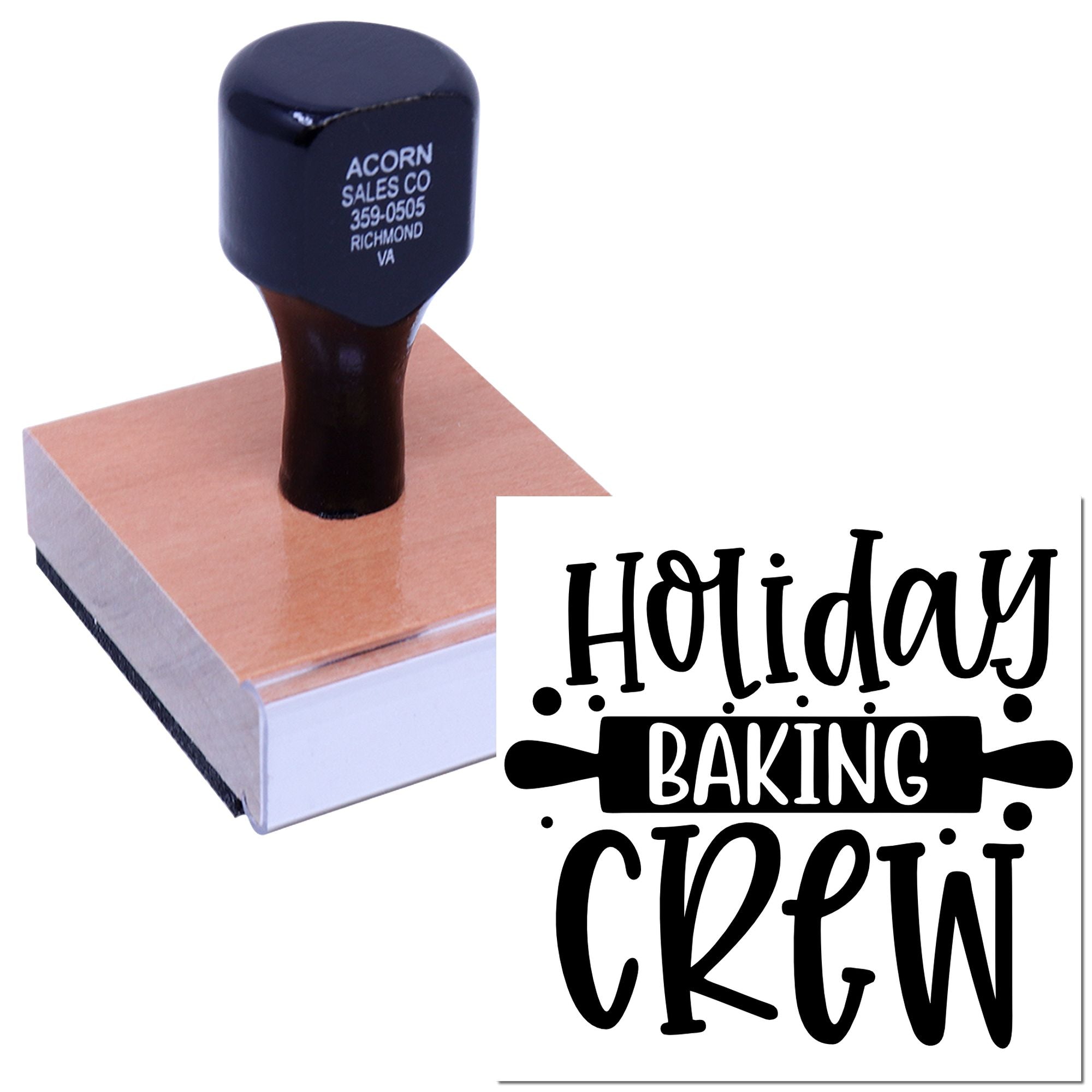 Custom holiday baking crew rubber stamp for festive baking labels, packaging, and seasonal craft projects.