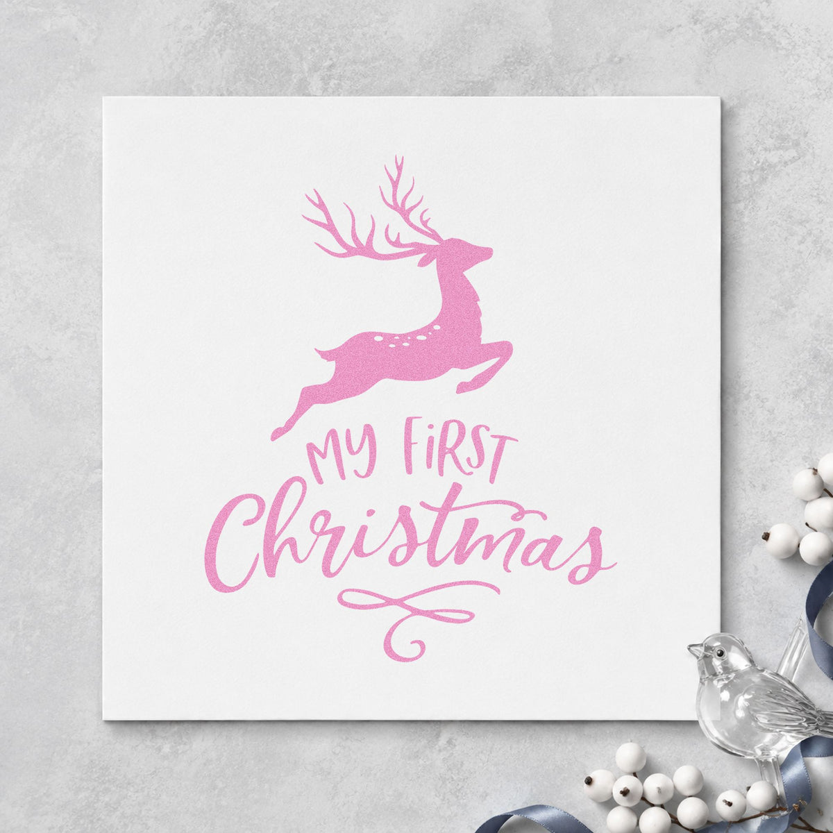 My First Christmas Reindeer craft stamp in purple ink on cardstock, an easy option for animal album page.