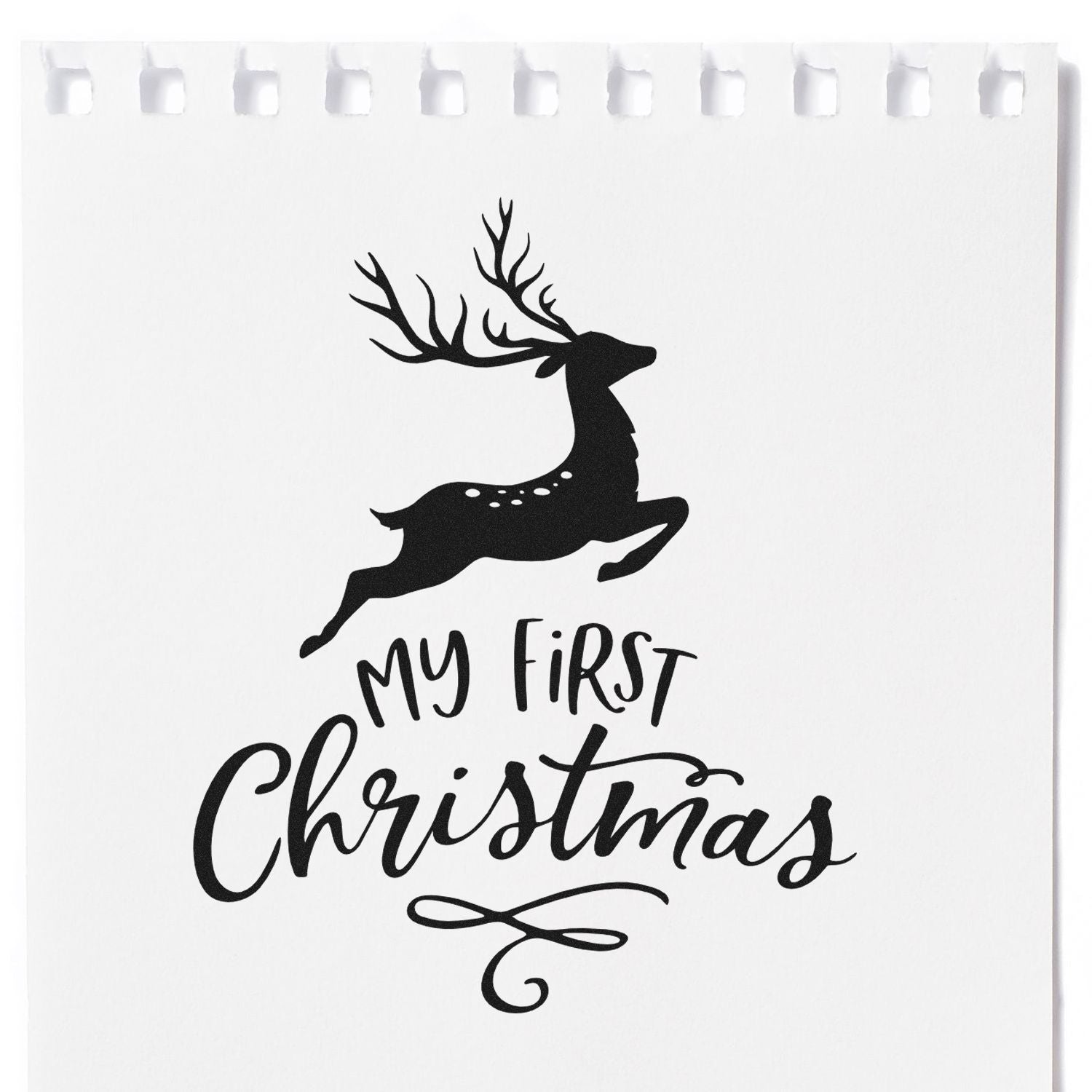 My First Christmas rubber stamp design with leaping deer silhouette for holiday cards, scrapbook pages, and gifts.