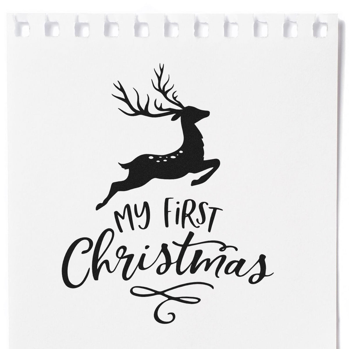 My First Christmas Reindeer Premium Wood-Mounted Stamp - Vintage Pro imprint stamped in black ink. A leaping reindeer sits above "My First Christmas" and a looping flourish.