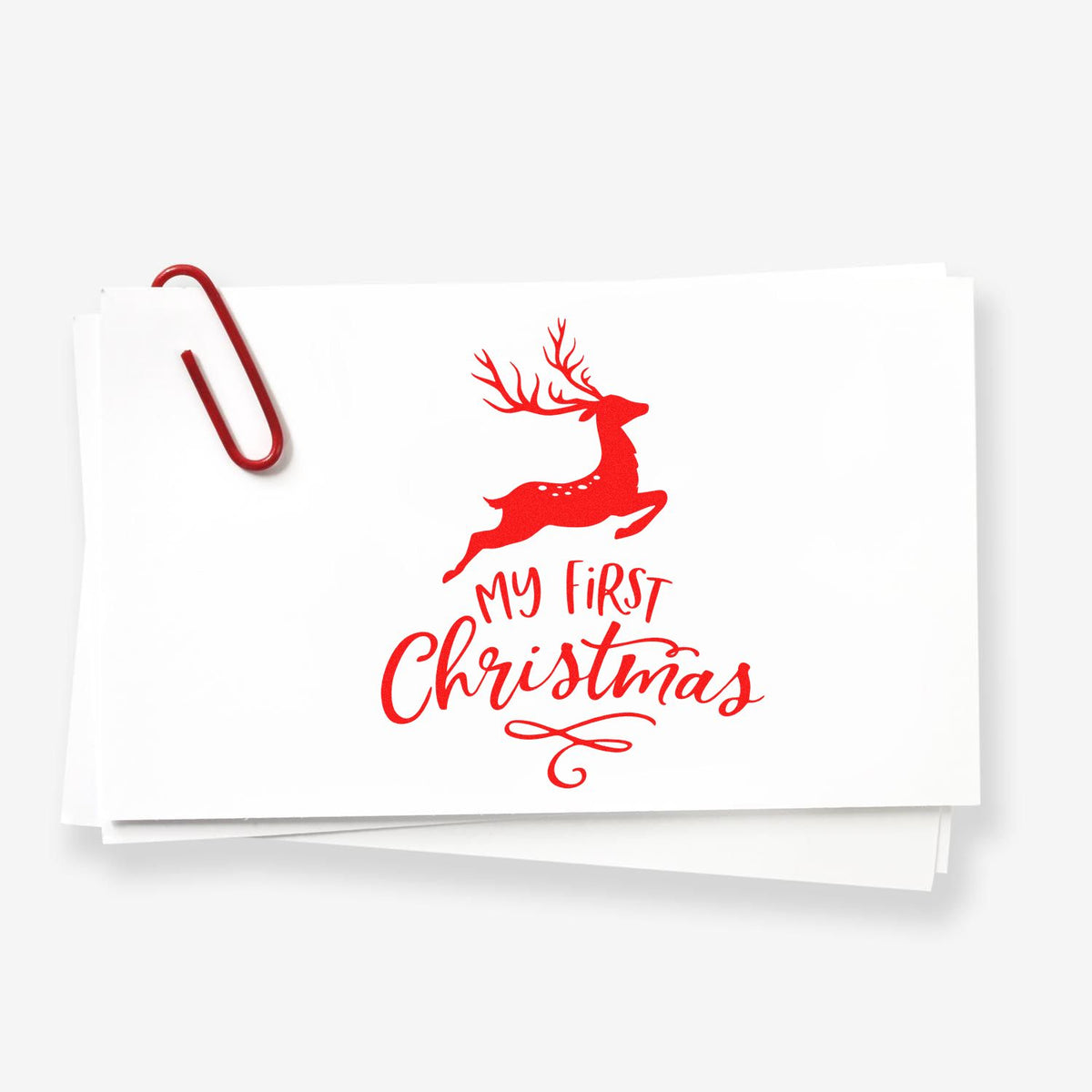 My First Christmas Reindeer rubber stamp shown in red ink, stamped for projects such as animal album page.