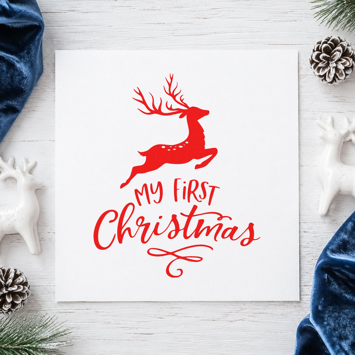My First Christmas Reindeer craft stamp in red ink on cardstock, an easy option for crib sheet printing.