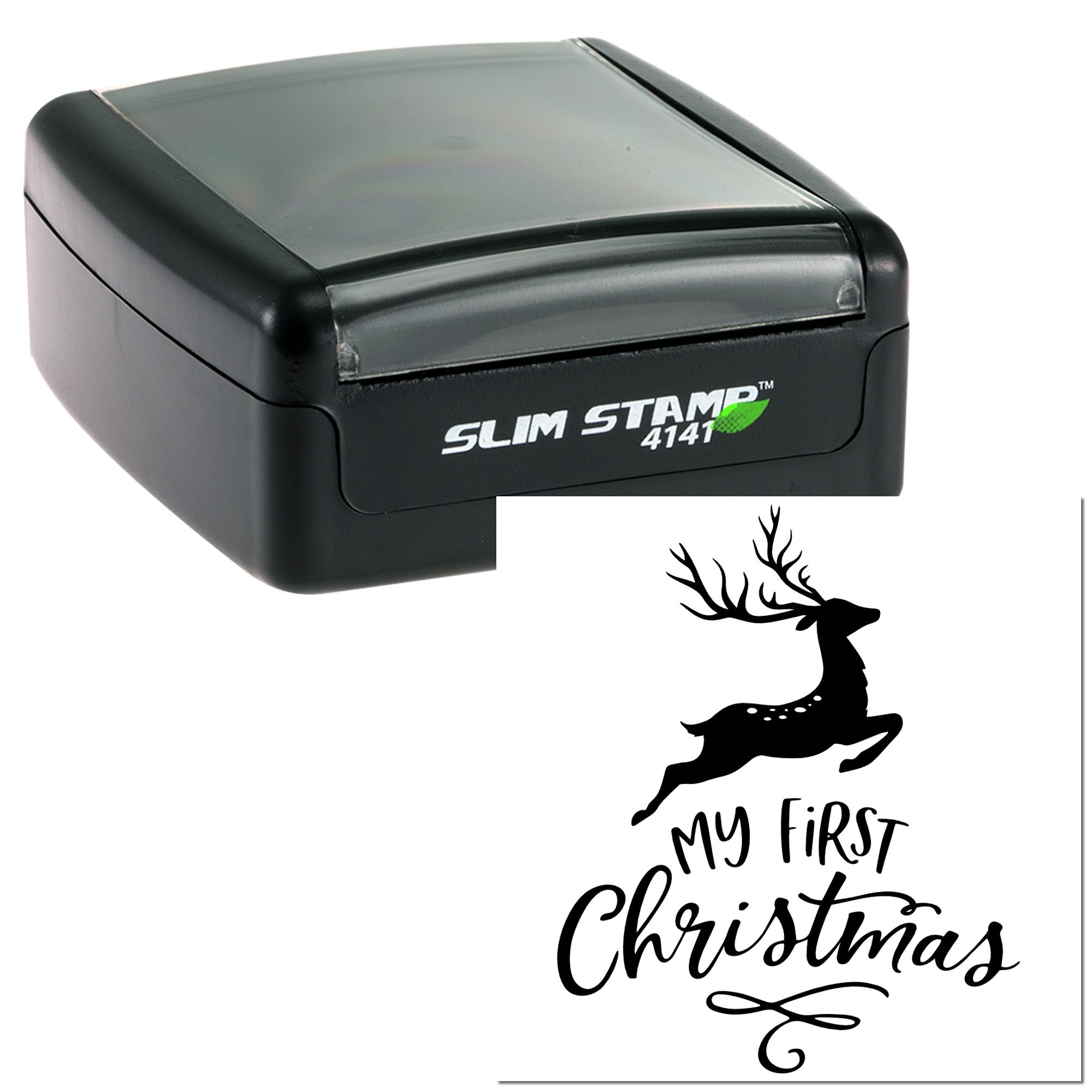 Self-inking Slim Stamp 4141 with custom deer design and My First Christmas rubber stamp for holiday keepsakes.