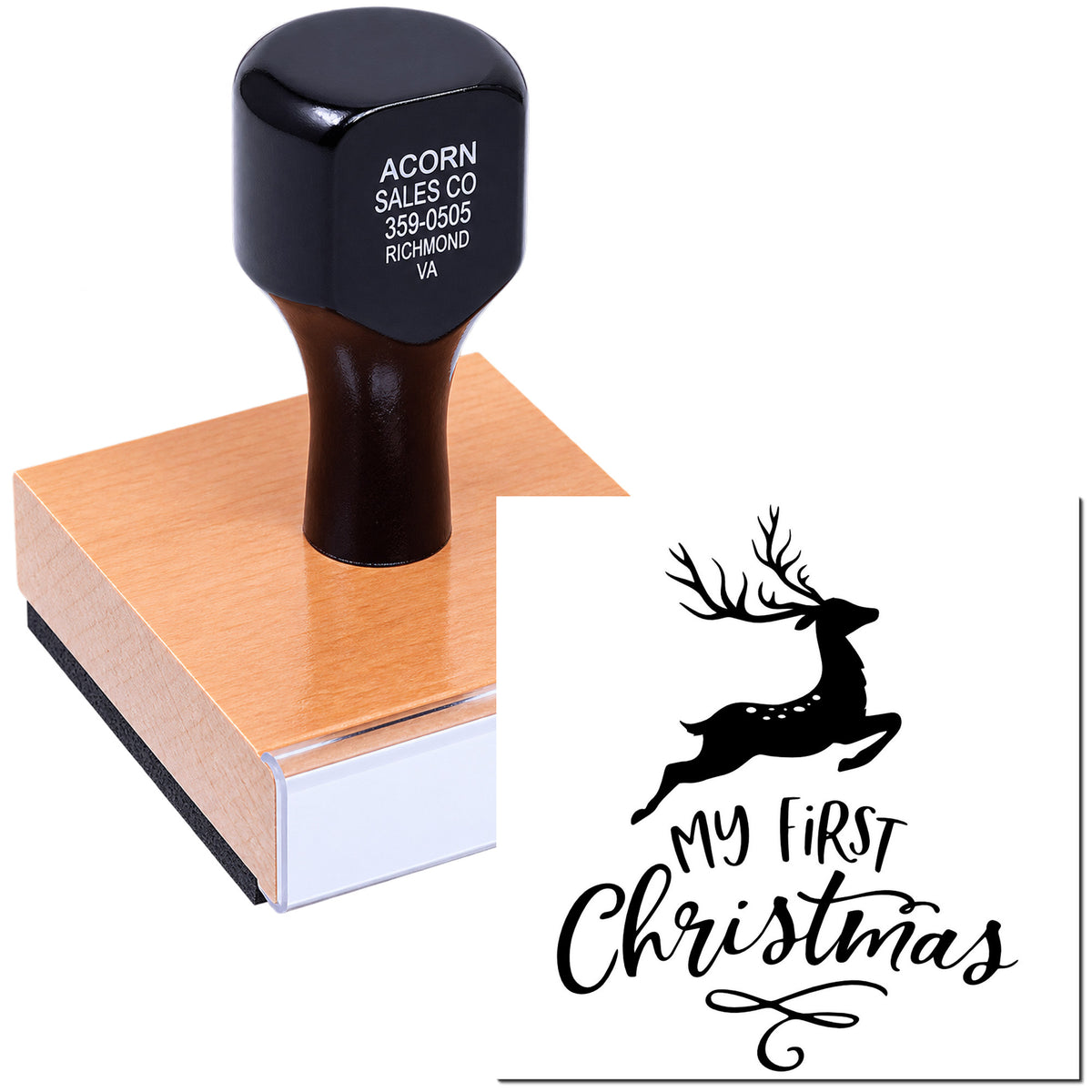 Personalized self-inking rubber stamp with My First Christmas deer design for holiday cards, gifts, and crafts.
