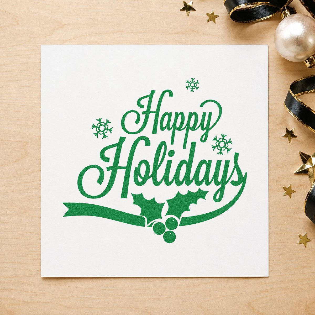 Happy Holidays Holly Ribbon craft stamp imprinted in green ink on paper, a design suited to framed curved mat.