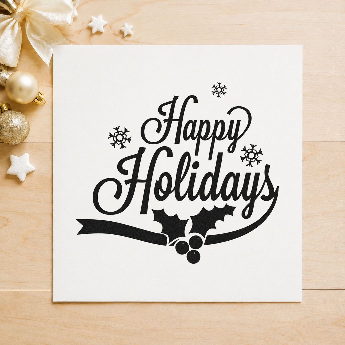 Happy Holidays Holly Ribbon rubber stamp printed in black ink, ready for sweeping ribbon cards and similar paper crafts.