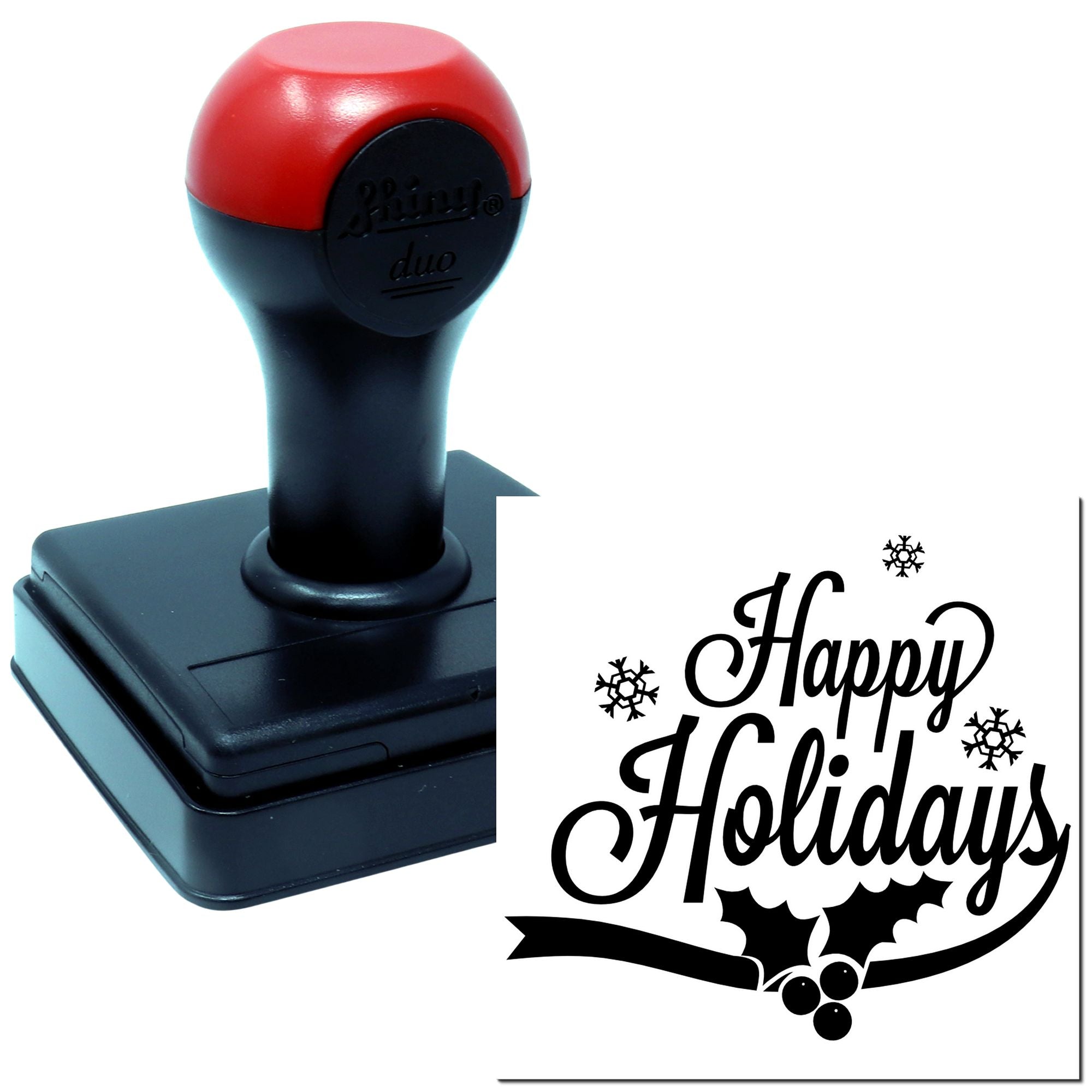 Self-inking Happy Holidays rubber stamp with festive greeting, snowflakes, and holly design for holiday cards and mailings