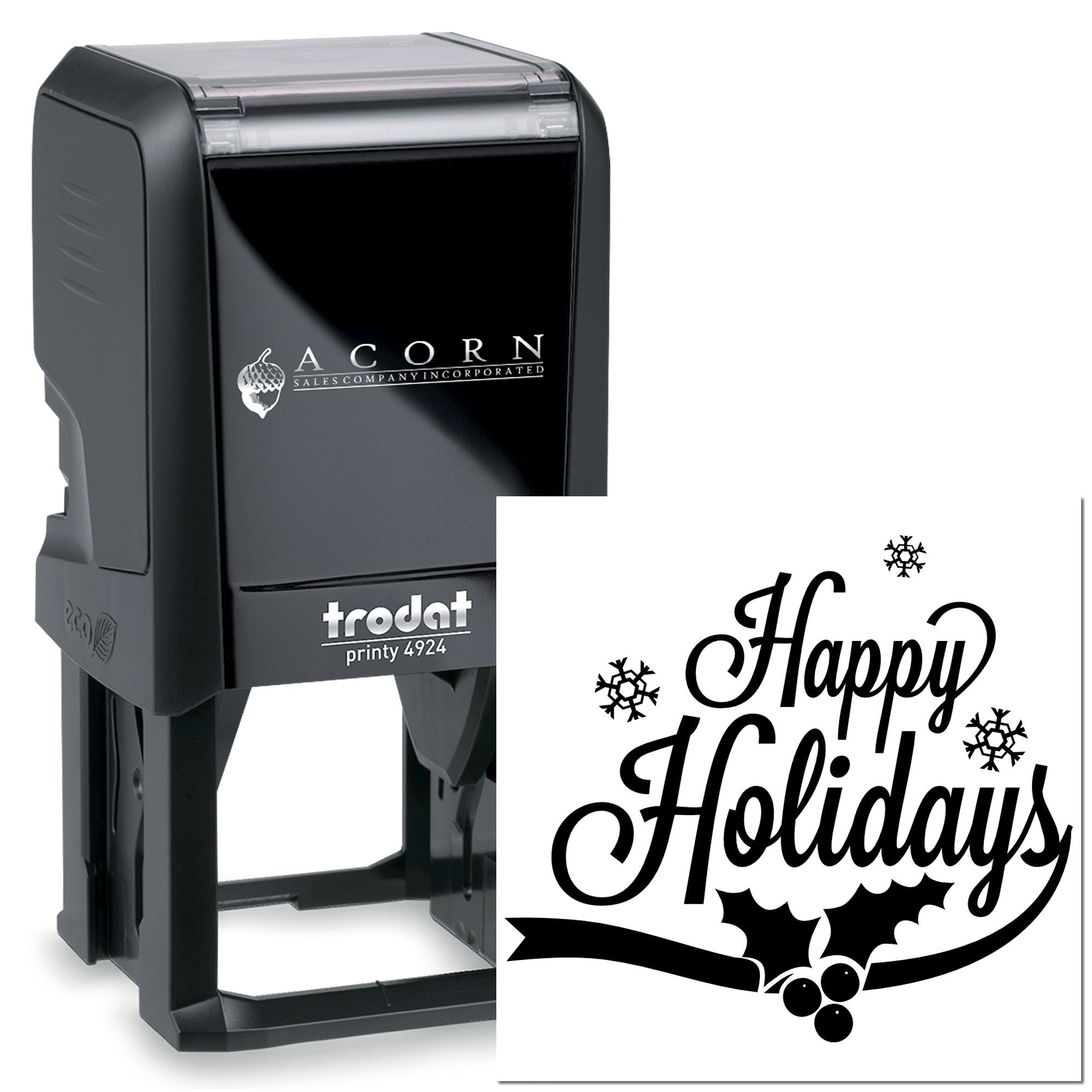 Trodat Printy 4924 self-inking rubber stamp with Happy Holidays design for festive cards, envelopes, and business mailings.