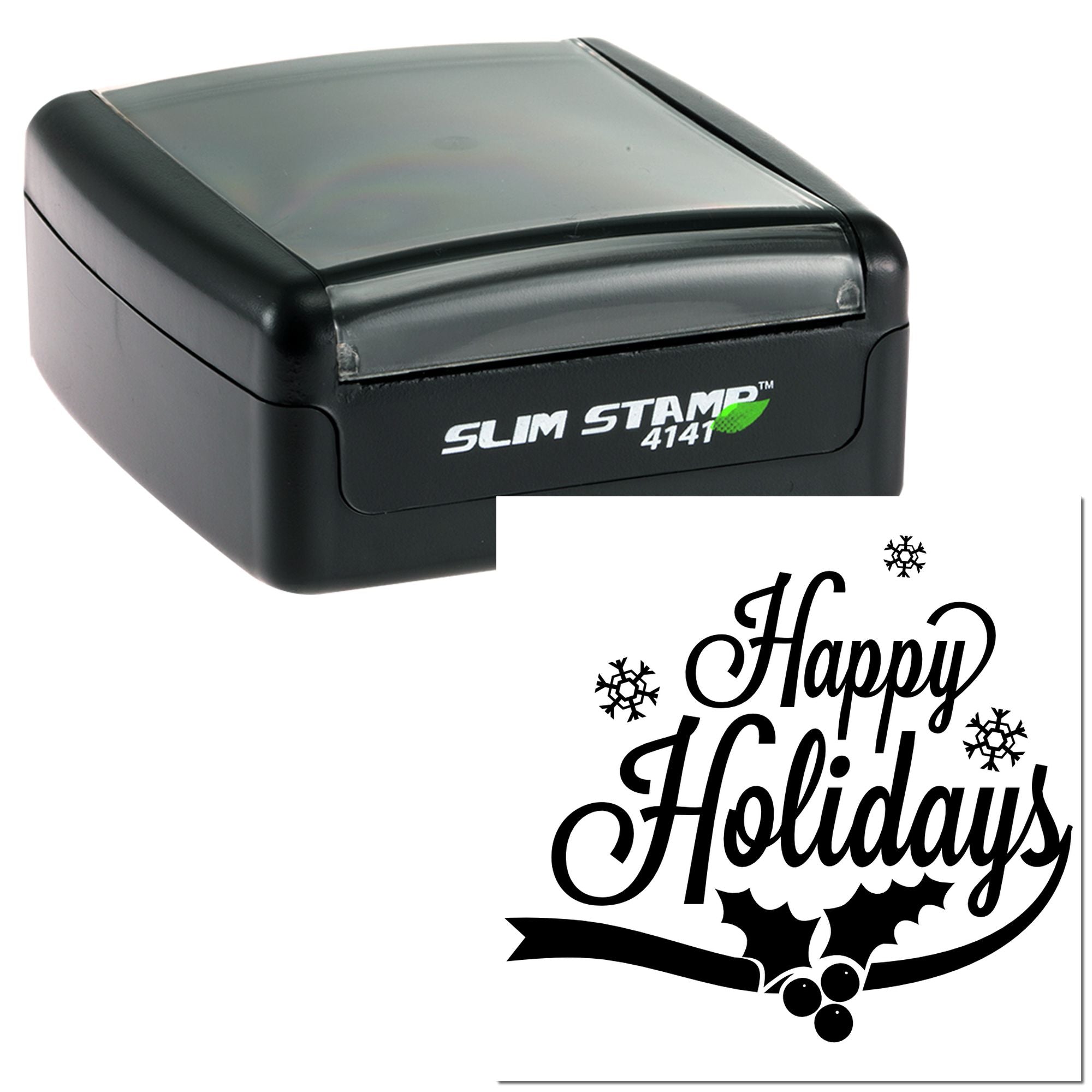 Slim self-inking rubber stamp with Happy Holidays greeting and snowflake design for festive holiday cards and business mailings