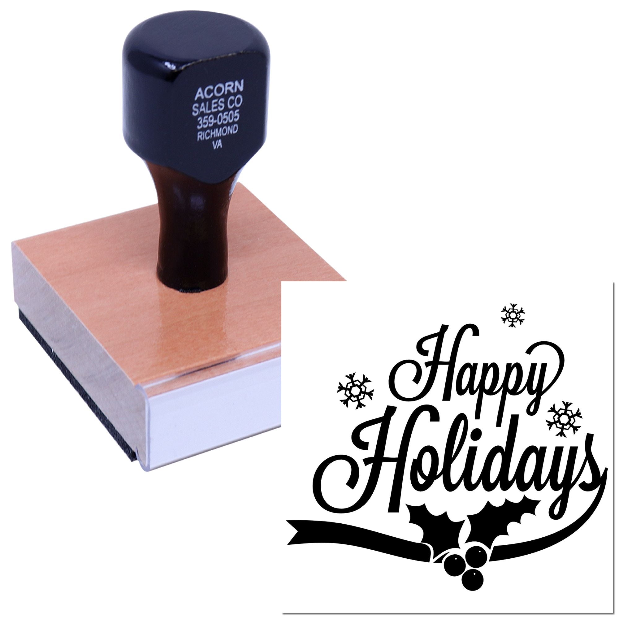 Custom rubber stamp with Happy Holidays design and snowflakes for festive cards, gifts, and packaging.