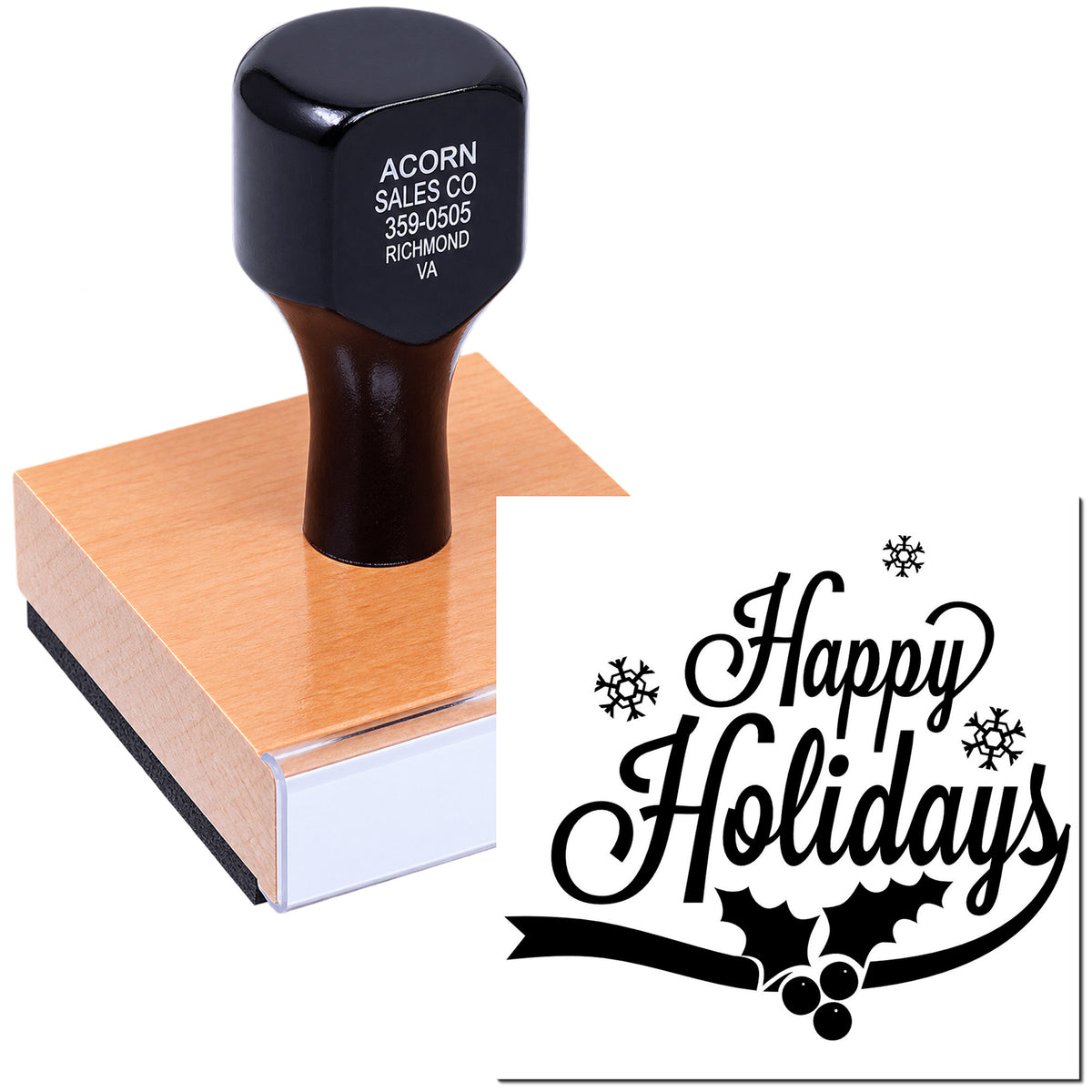 Custom rubber stamp with Happy Holidays design and snowflakes for festive cards, gifts, and packaging.