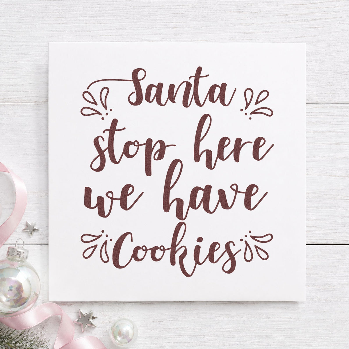 Santa Stop Here Cookies rubber stamp printed in brown ink, ready for recipe pick sheet and similar paper crafts.