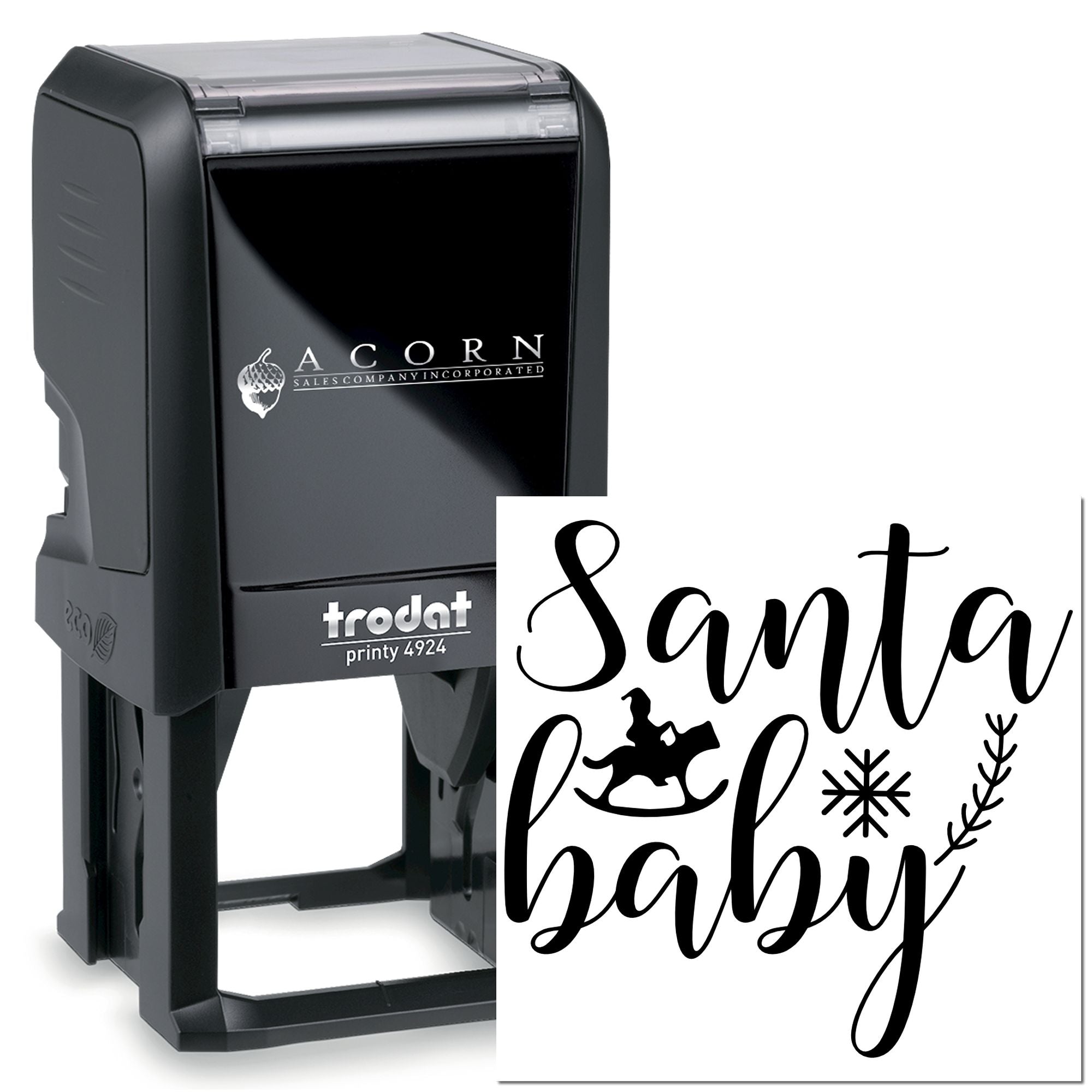 Santa Baby self-inking rubber stamp for Christmas cards, gift tags, and holiday packaging.