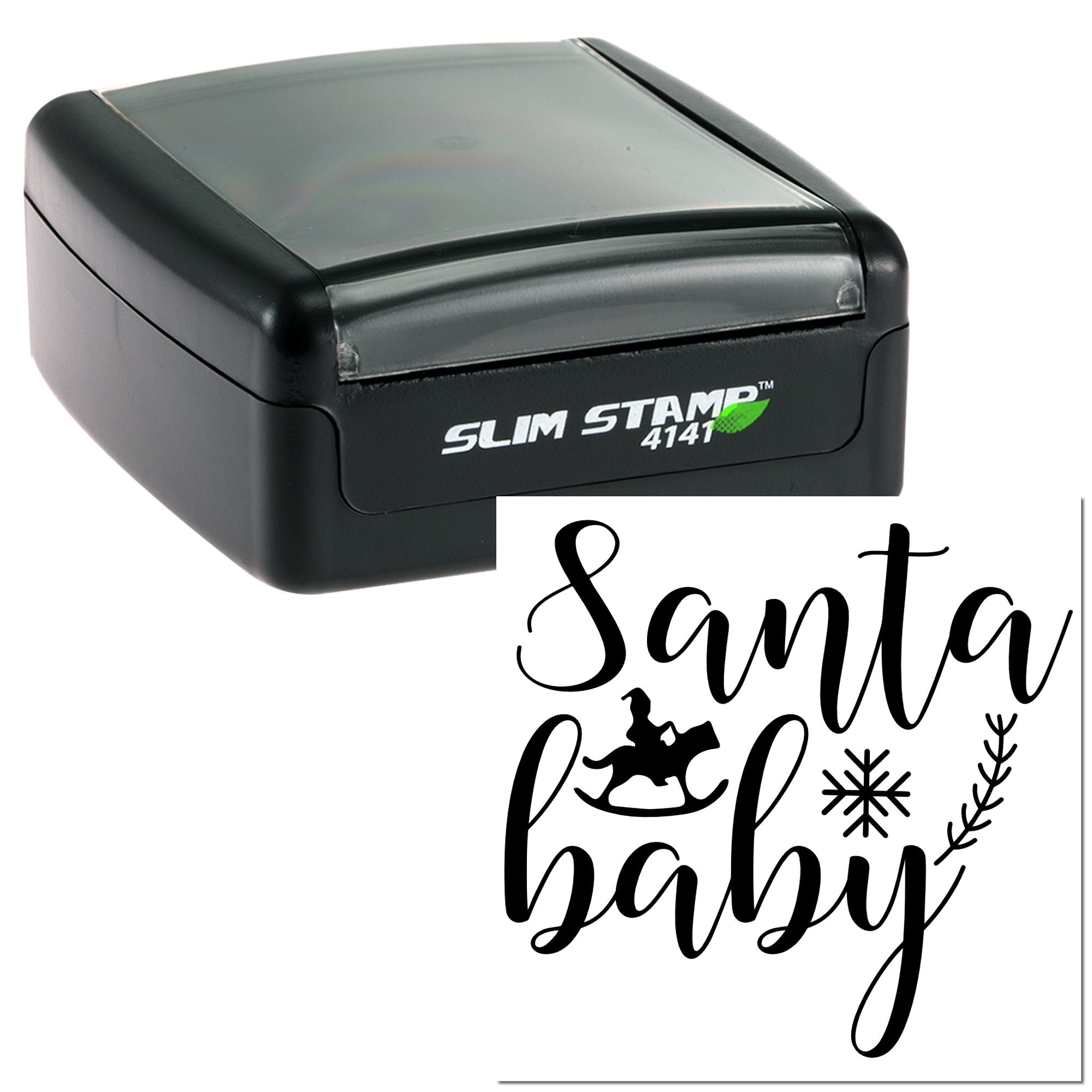 Self-inking rubber stamp with Santa Baby design for Christmas cards, gift tags and holiday crafts.