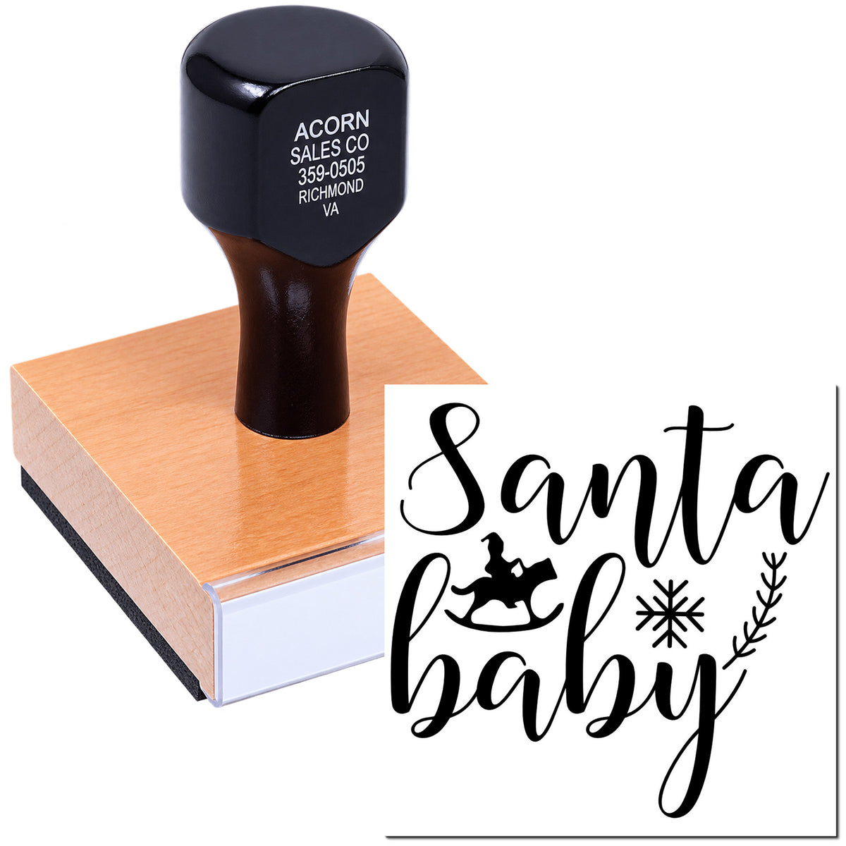 Custom Santa Baby rubber stamp for holiday cards, Christmas crafts, and festive gift wrapping.