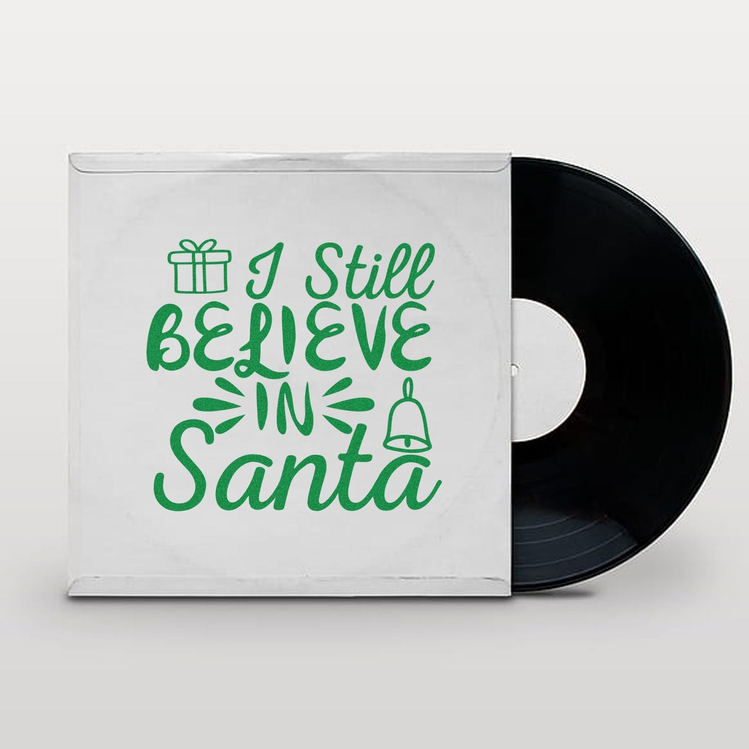 I Still Believe in Santa Christmas rubber stamp design with gift and bell accents for holiday cards and crafts.