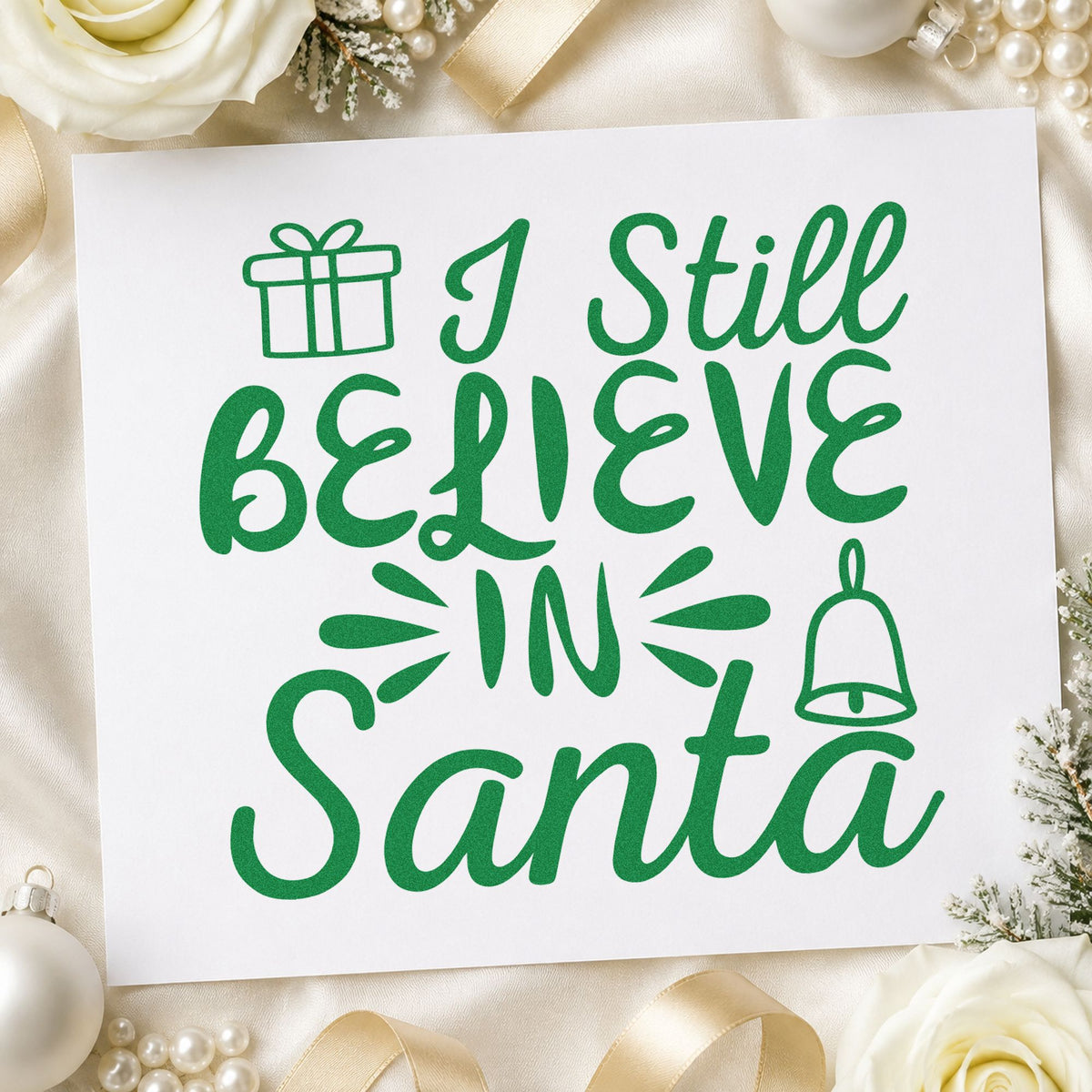I Still Believe In Santa craft stamp imprint in green ink on a handmade project, one idea being family story cards.
