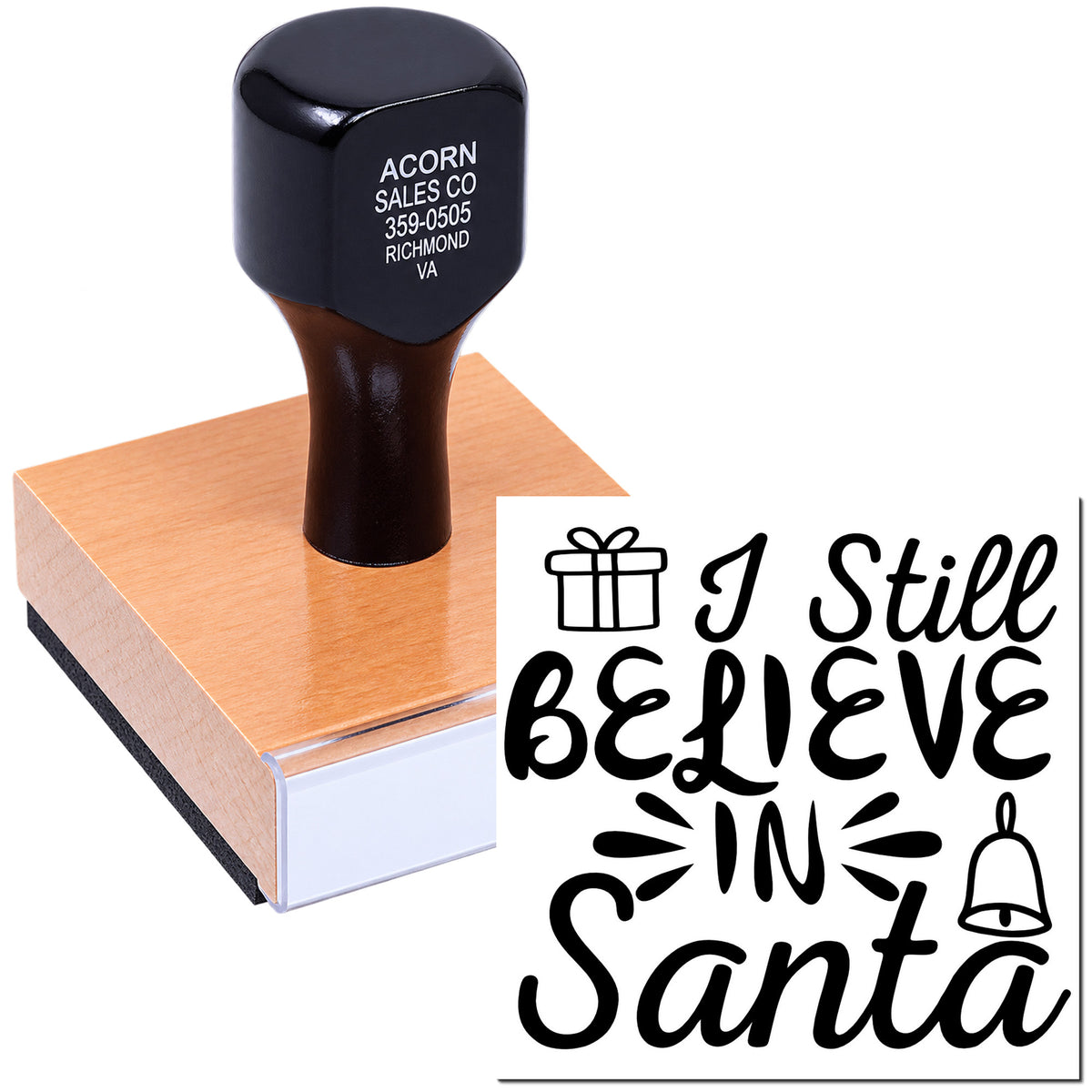 Custom rubber stamp with I Still Believe in Santa design, ideal for holiday cards, crafts, and festive packaging.